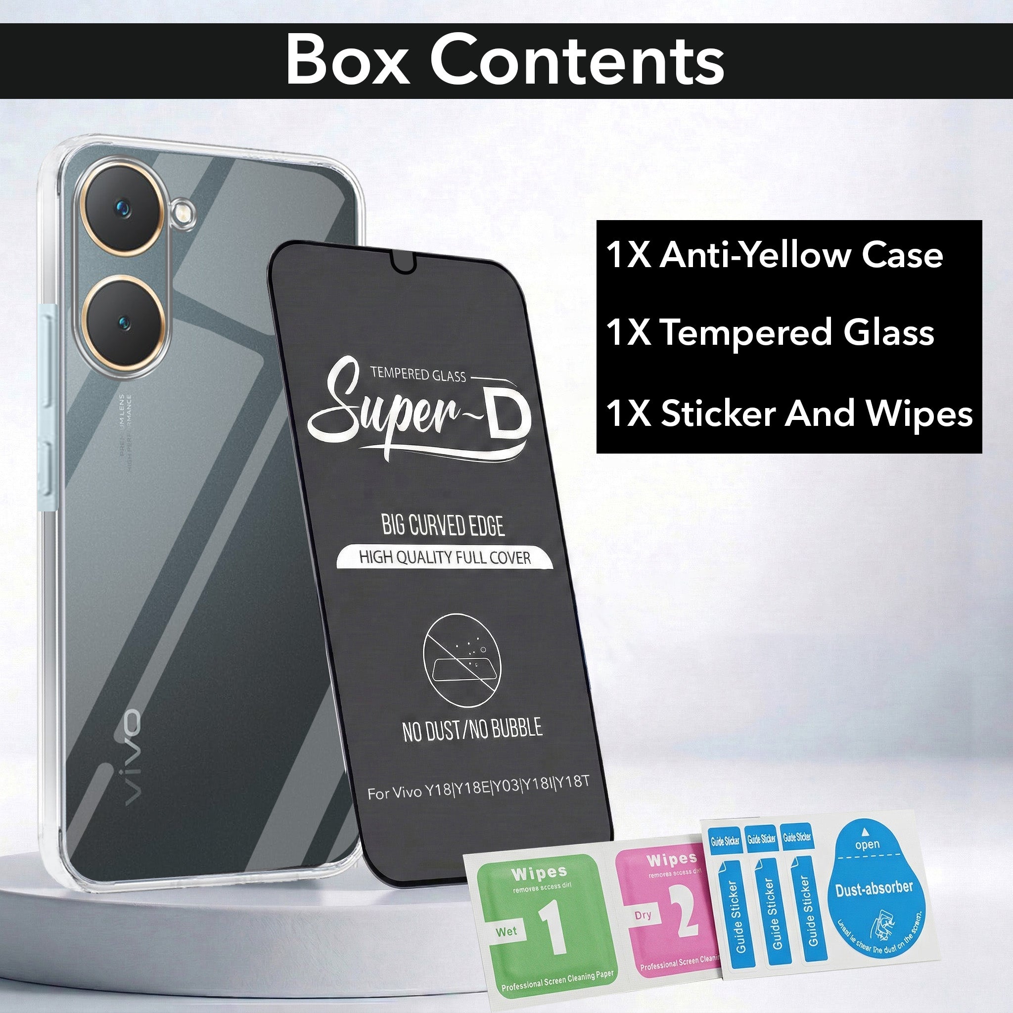 For Vivo Y18 | Y18e | Y03 | Y18i | Y18t Combo with Back Cover and 9H Tempered Glass ( Lifetime Anti-Yellow | Sleek Hard Crystal | Oleophobic Coating Screen Glass)
