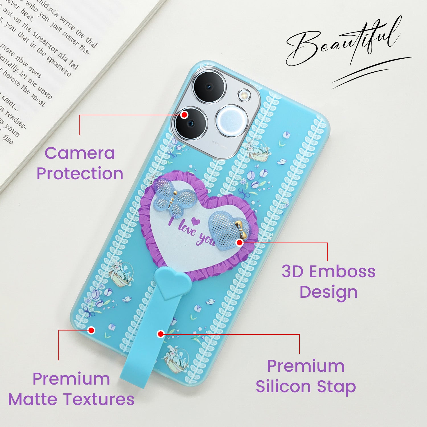 For Realme C71 Back Cover Case (3D Cute Heart Strap Holder | Camera Protection | Designer Girls Print)