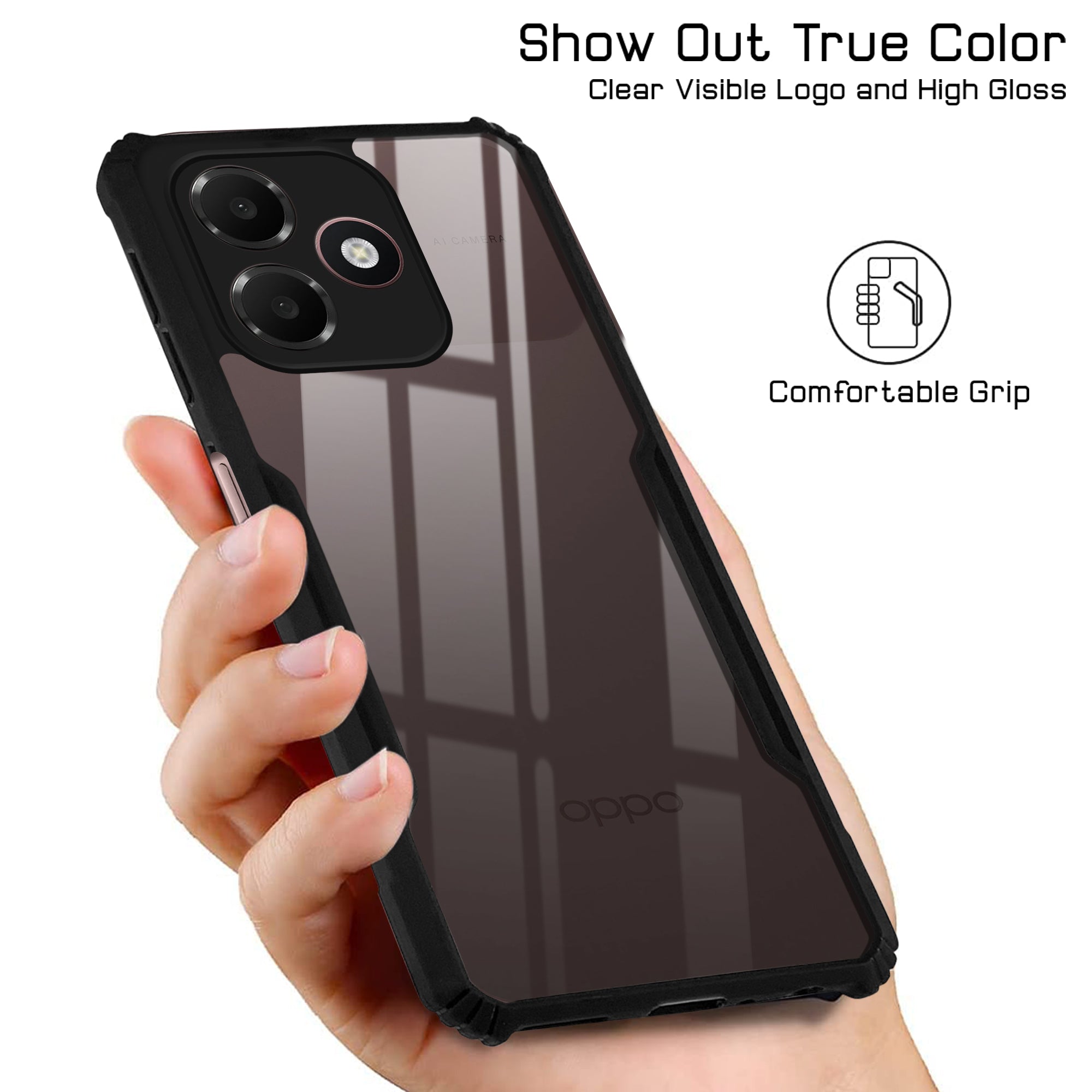 For Oppo A6c 4G Back Cover Case Hybrid (Shockproof with Polycarbonate Clear Panel | Professional Black)