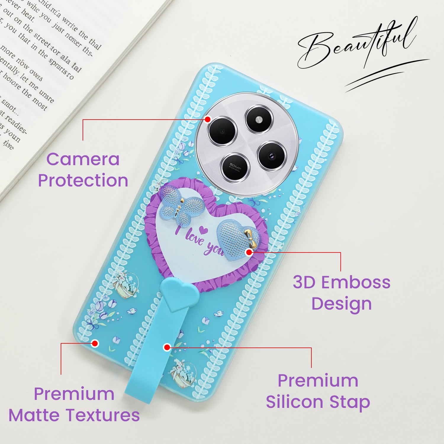 For Redmi A4 5G | Xiaomi Redmi 14C Back Cover Case (3D Cute Heart Strap Holder | Camera Protection | Designer Girls Print)