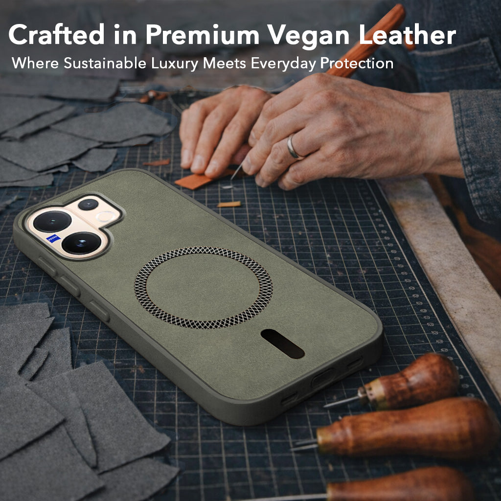 For Vivo V60 | Vivo T4 Pro Back Cover Case Leather Finish (MagSafe Compatible Wireless Charging | Soft Touch | Camera Bump Protection)