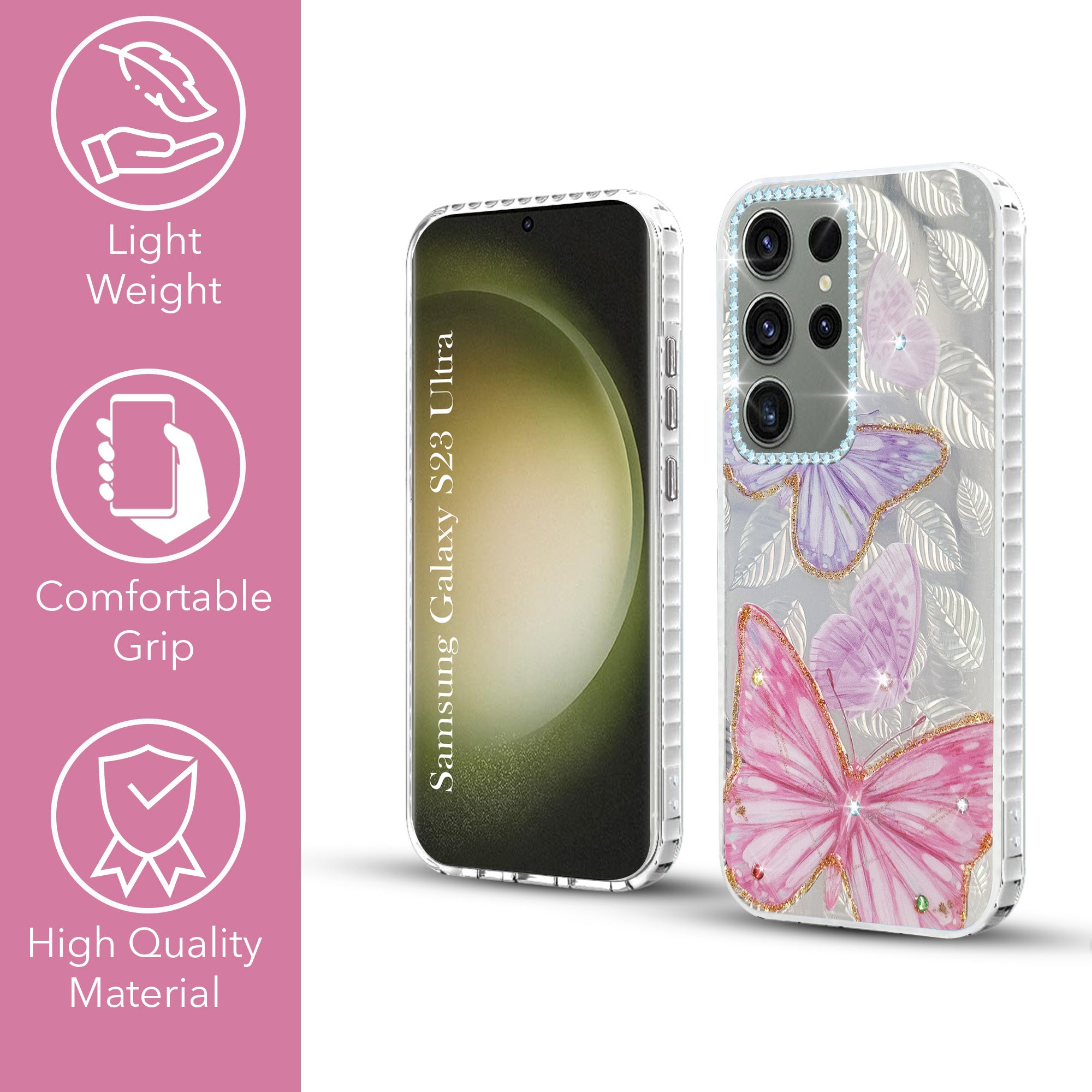 For Samsung Galaxy S23 Ultra Back Cover Case (Luxury Floral Glitter Cute Butterfly | Diamond Studded Camera Bump | Girls & Women Design)