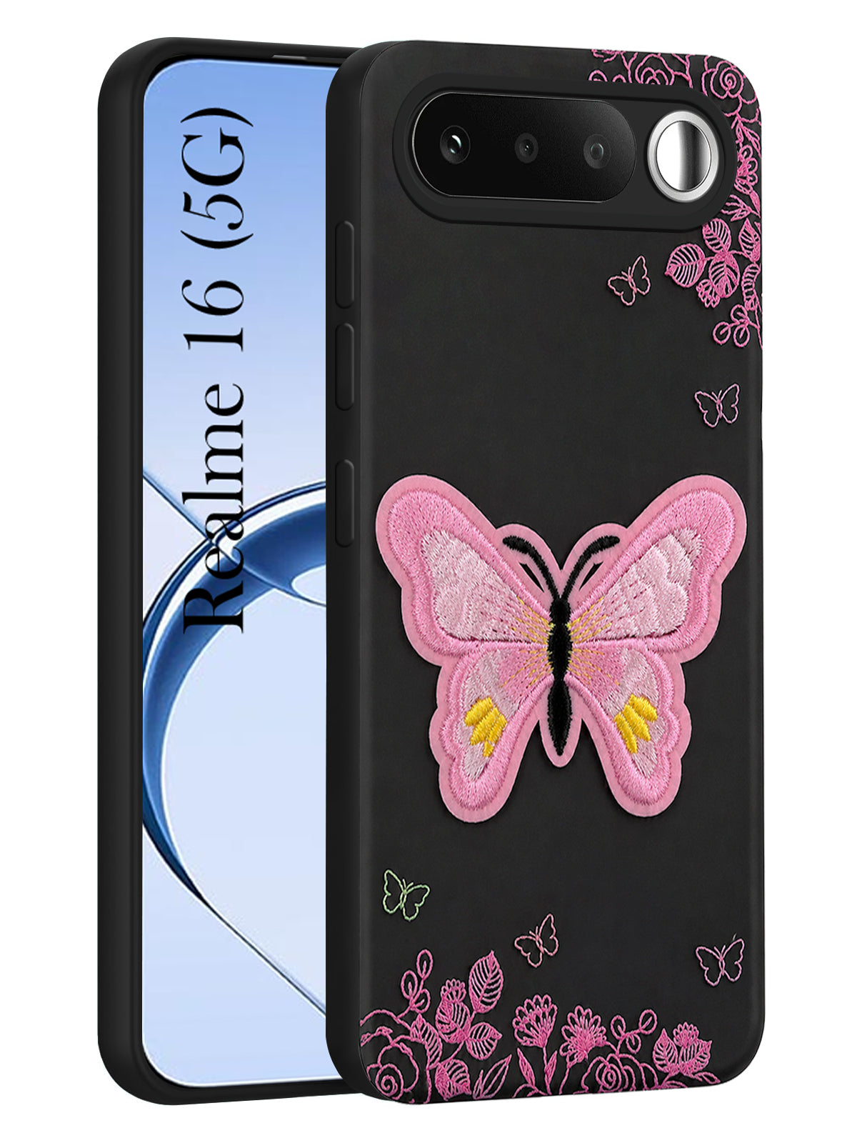 For Realme 16 Back Cover Case (Soft Butterfly Embroidery | Women Teen Girls | Camera Protection| Matte Silicone)