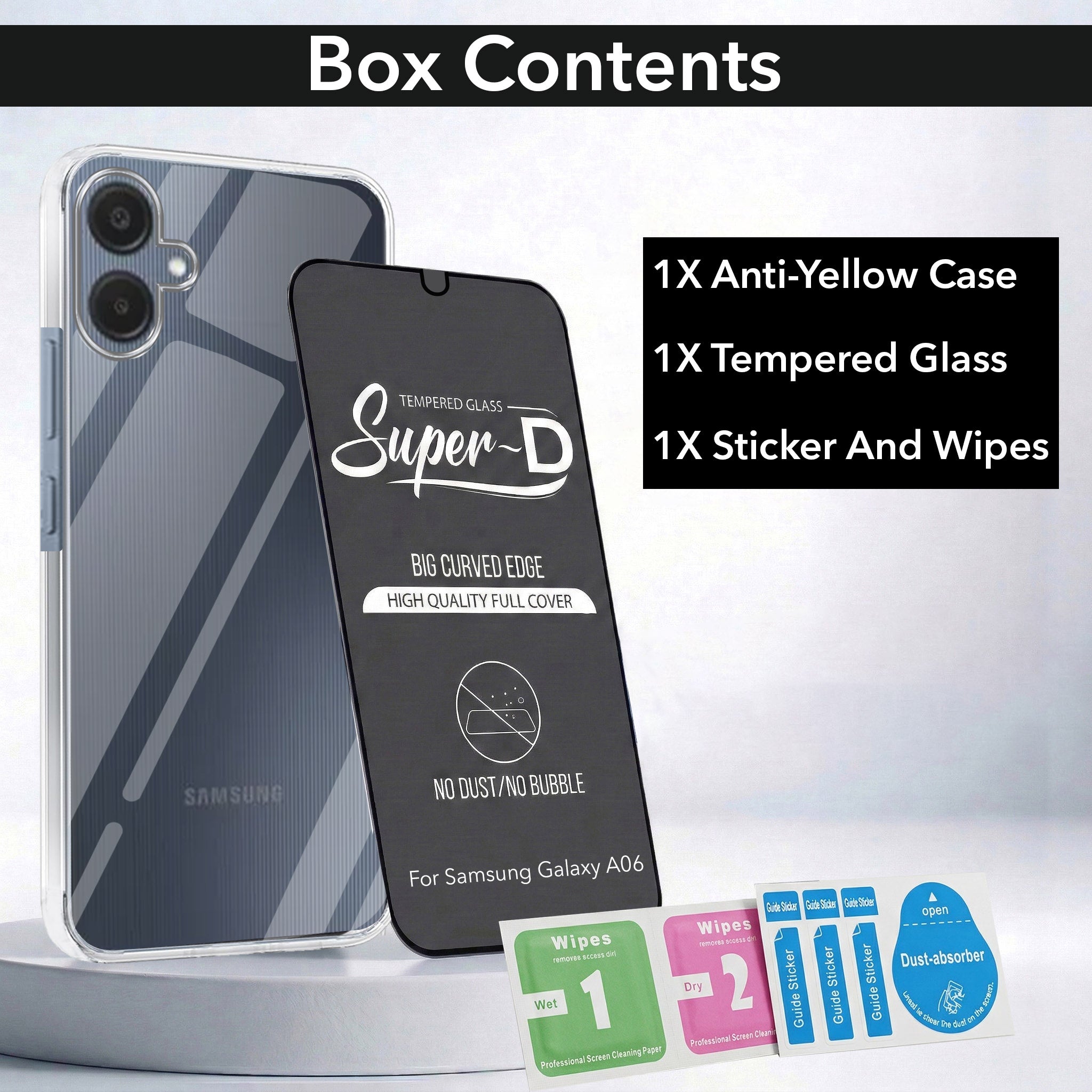 For Samsung Galaxy A06 Combo with Back Cover and 9H Tempered Glass (Lifetime Anti-Yellow | Sleek Hard Crystal | Oleophobic Coating Screen Glass)