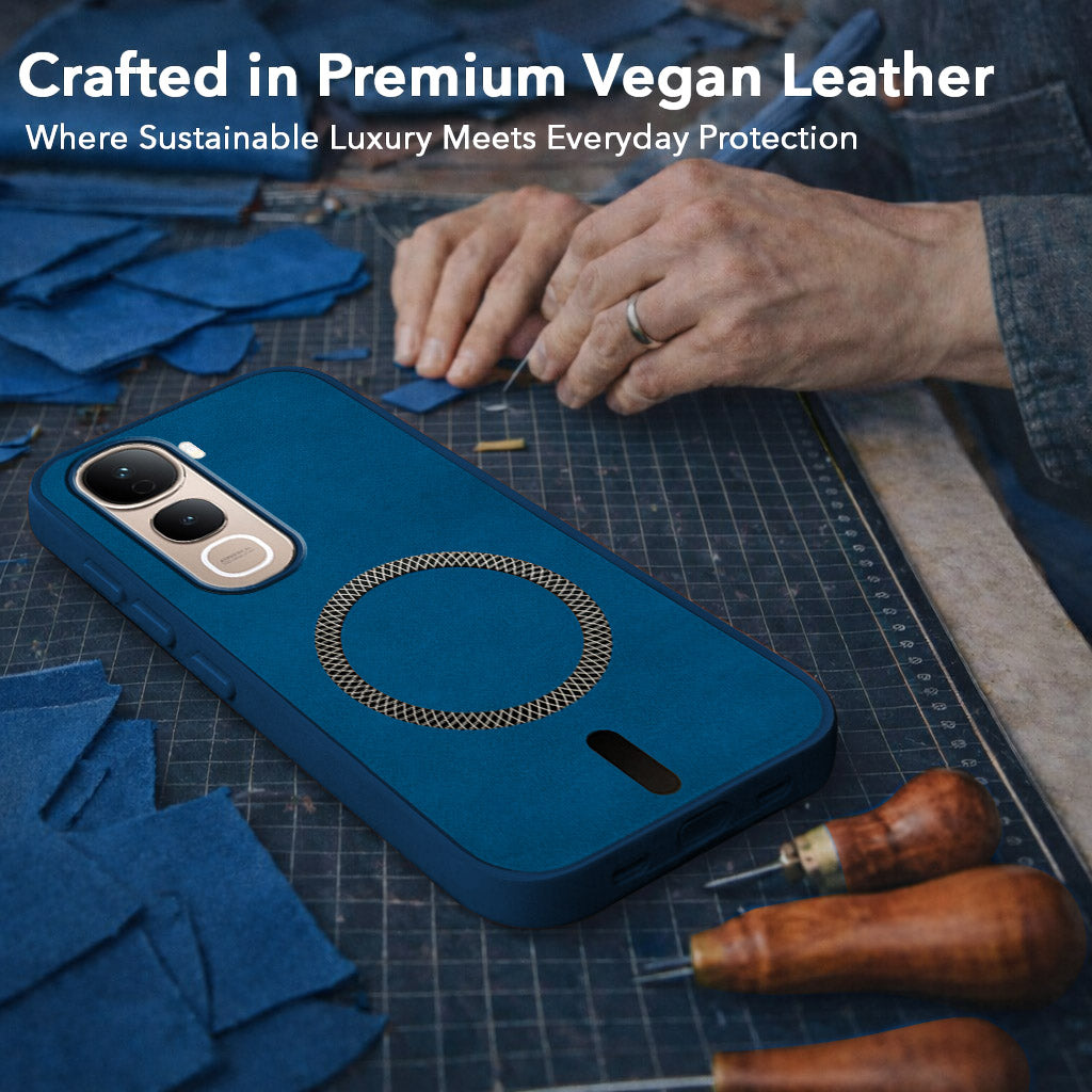 For Vivo Y400 Pro Back Cover Case Leather Finish (MagSafe Compatible Wireless Charging | Soft Touch | Camera Bump Protection)