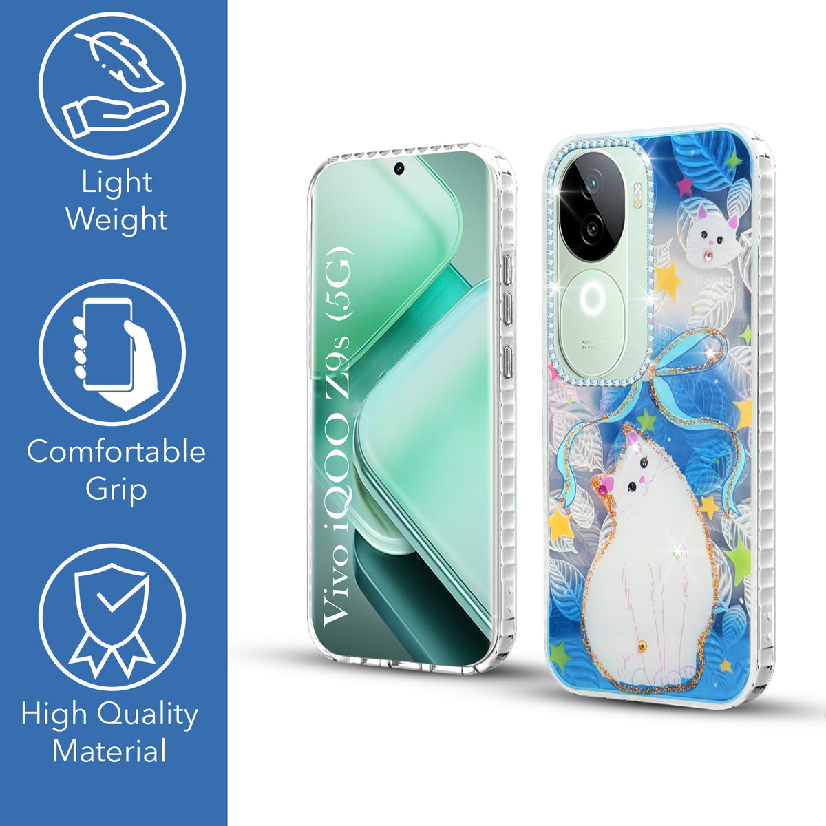 For Vivo iQOO Z9s  Back Cover Case (Luxury Floral Glitter Cute Butterfly | Diamond Studded Camera Bump | Girls & Women Design)