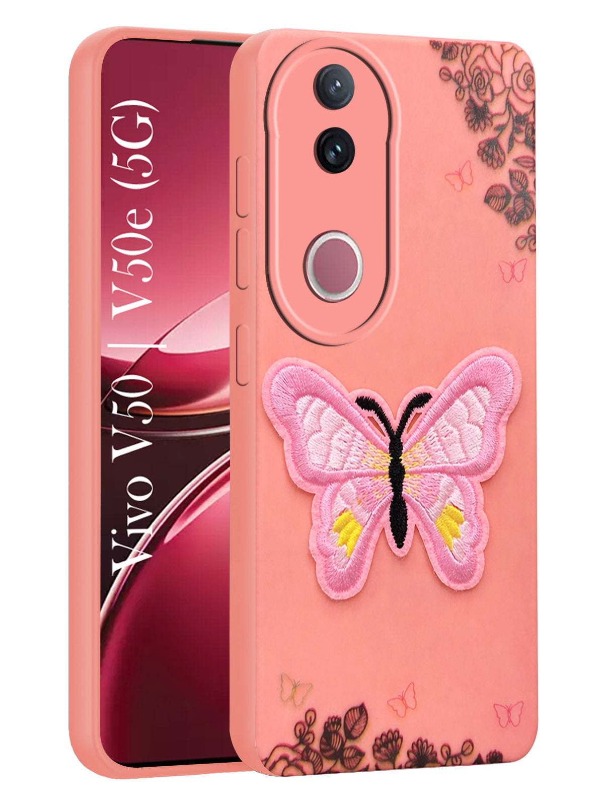 For Vivo V50 | Vivo V50e Back Cover Case (Soft Butterfly Embroidery | Women Teen Girls | Camera Protection| Matte Silicone)