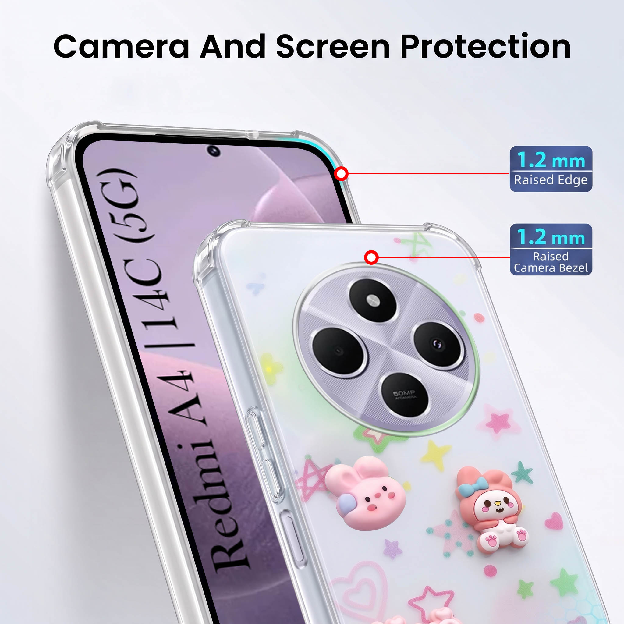 For Redmi A4 5G | Xiaomi Redmi 14C Back Cover Case (3D Cute Cartoons | Hard Back Side Soft | Matte Premium Finish | HD Printing)