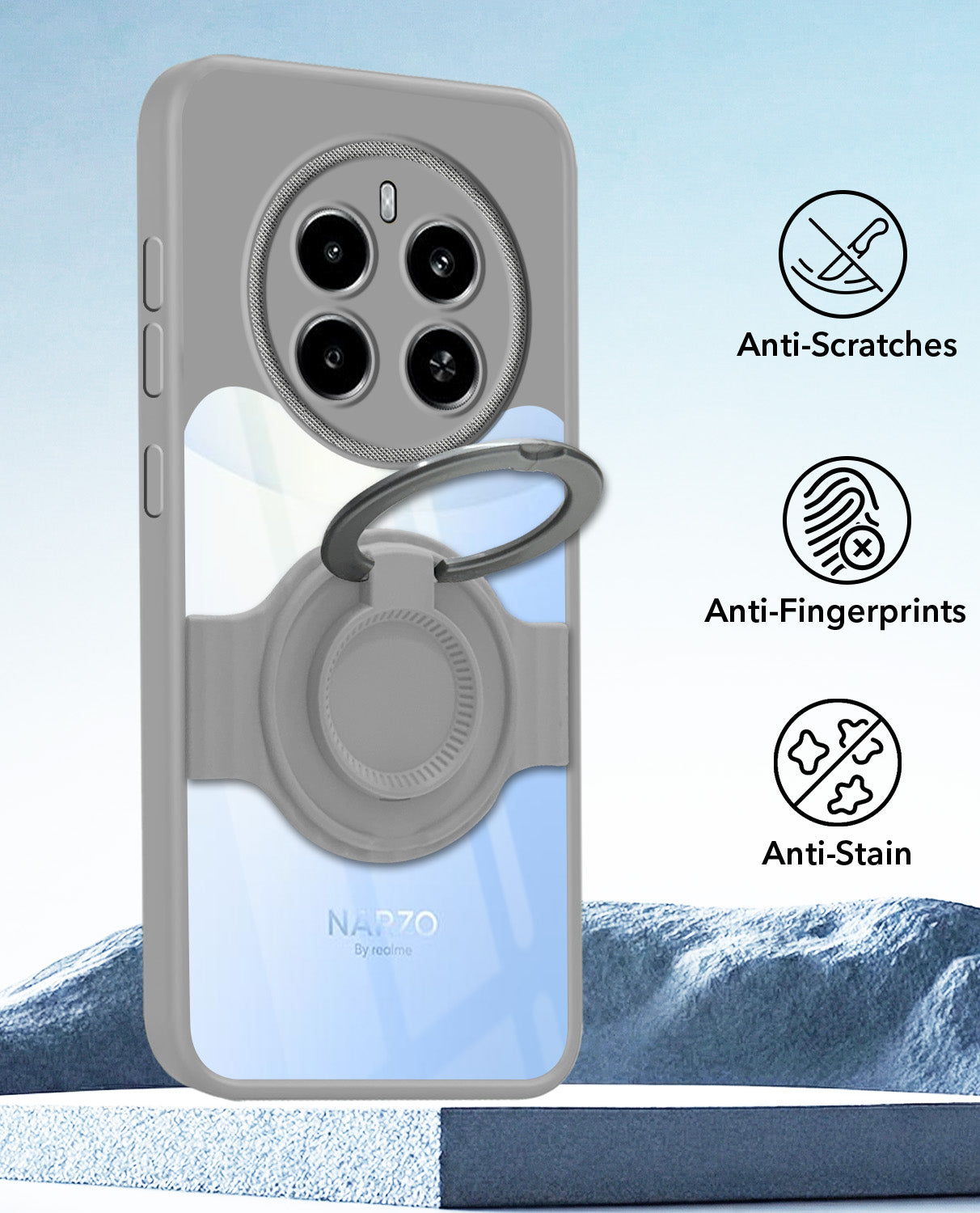 For Realme Narzo 70 5G Back Cover Case with stand (Built-in Ring Holder Kickstand | Lifetime Anti Yellow | Camera Protection)
