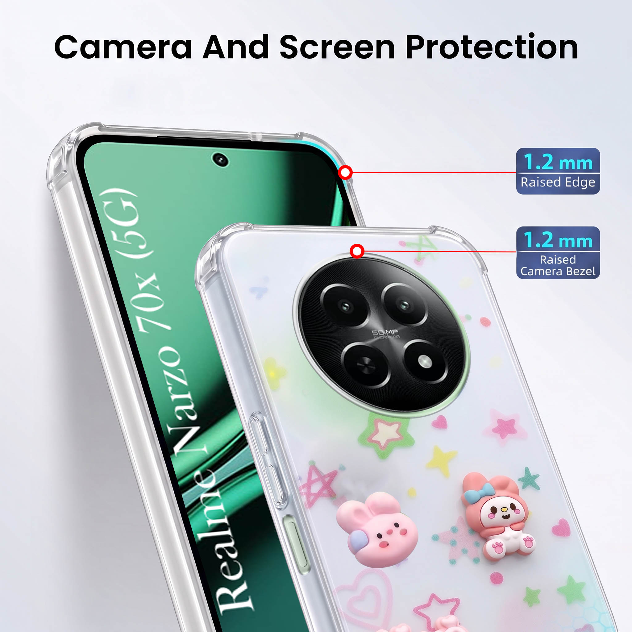 For Realme Narzo 70x 5G Back Cover Case (3D Cute Cartoons | Hard Back Side Soft | Matte Premium Finish | HD Printing)