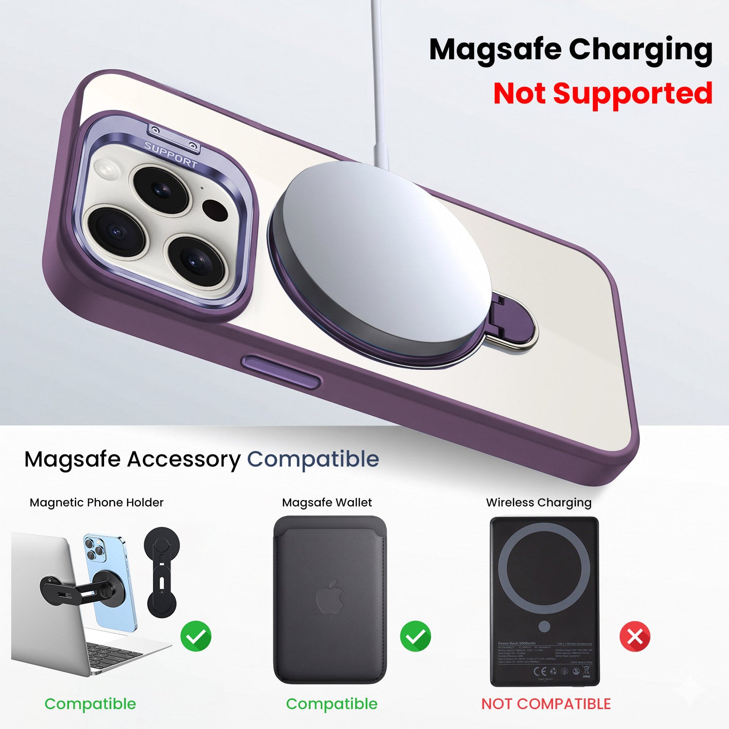 For Apple iPhone 15 Pro Back Cover Case Crystal (Lifetime Anti Yellow | Magnetic Ring Stand | Camera Lens Protection | MagSafe Compatible)
