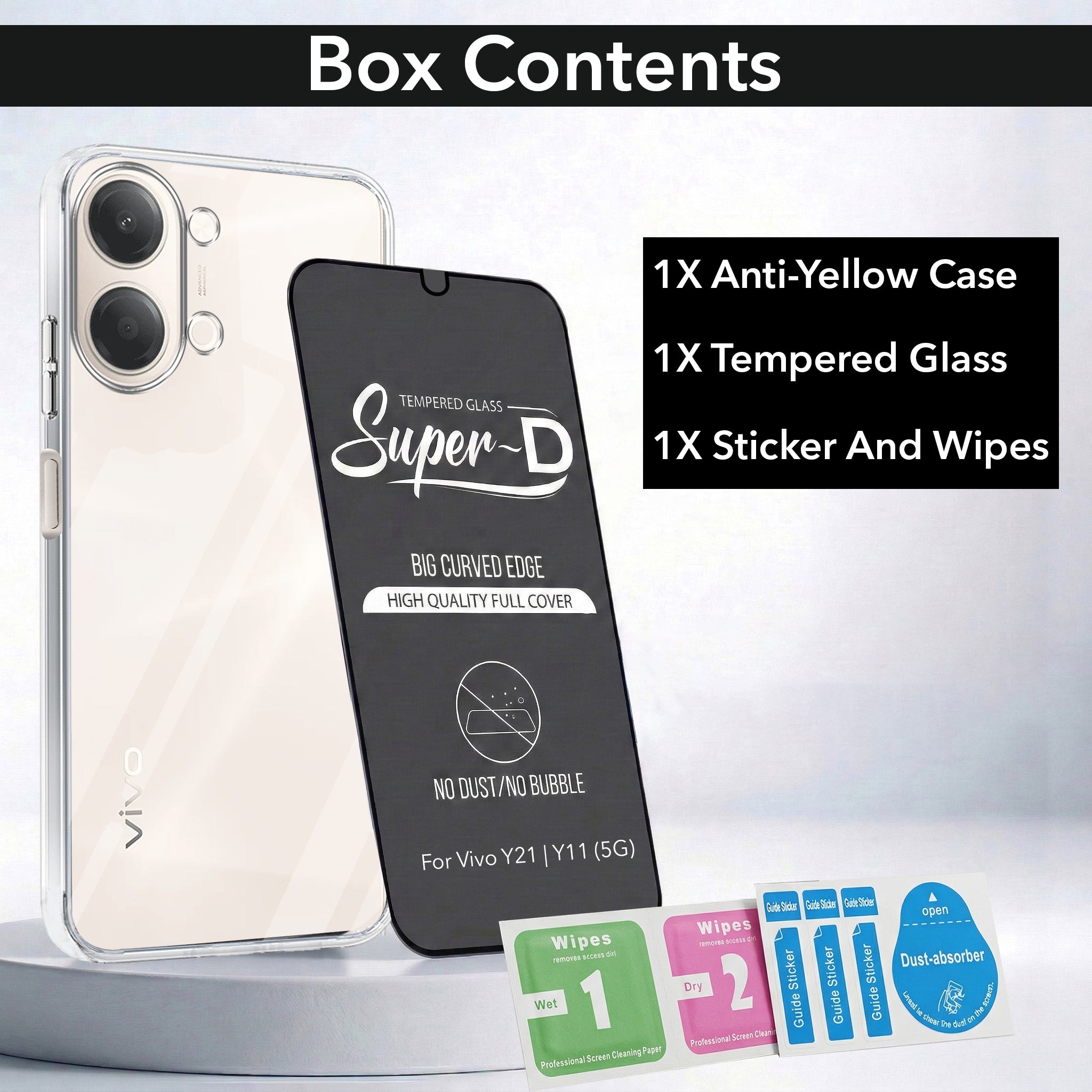 For Vivo Y11 | Vivo Y21 5G Combo with Back Cover and 9H Tempered Glass (Lifetime Anti-Yellow | Sleek Hard Crystal | Oleophobic Coating Screen Glass)