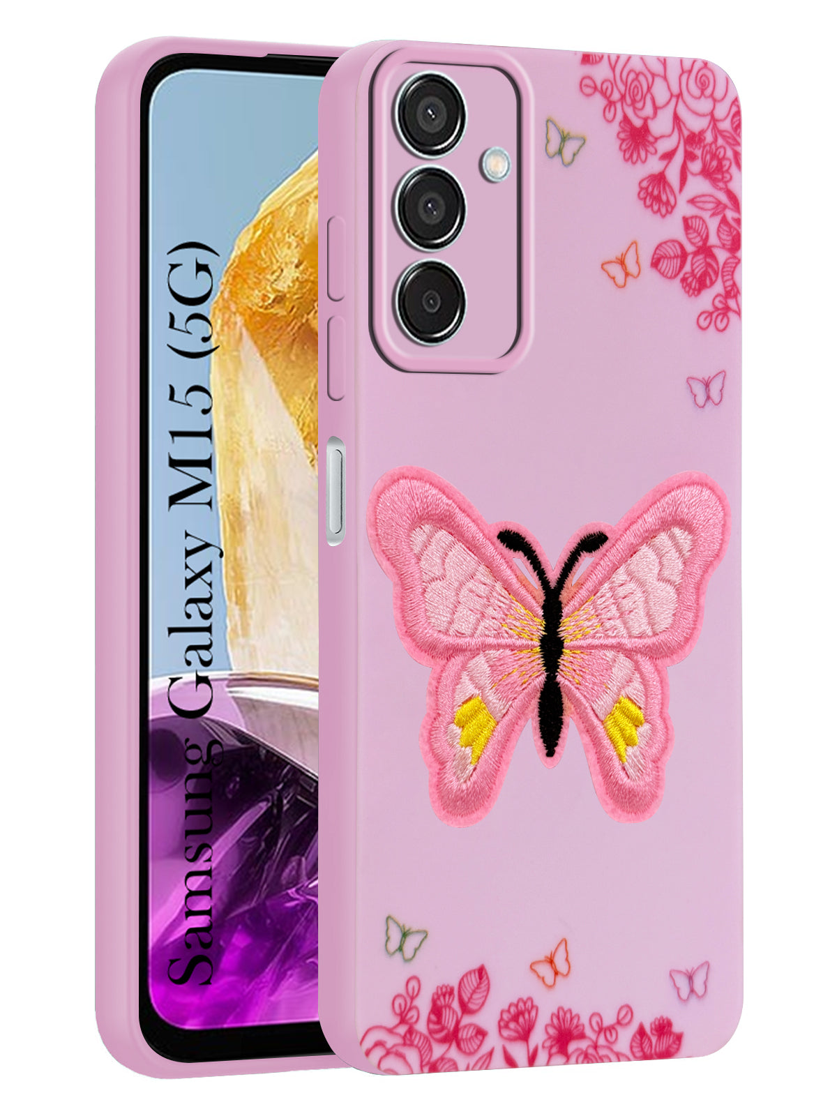 For Samsung Galaxy M15 5G Back Cover Case (Soft Butterfly Embroidery | Women Teen Girls | Camera Protection| Matte Silicone)