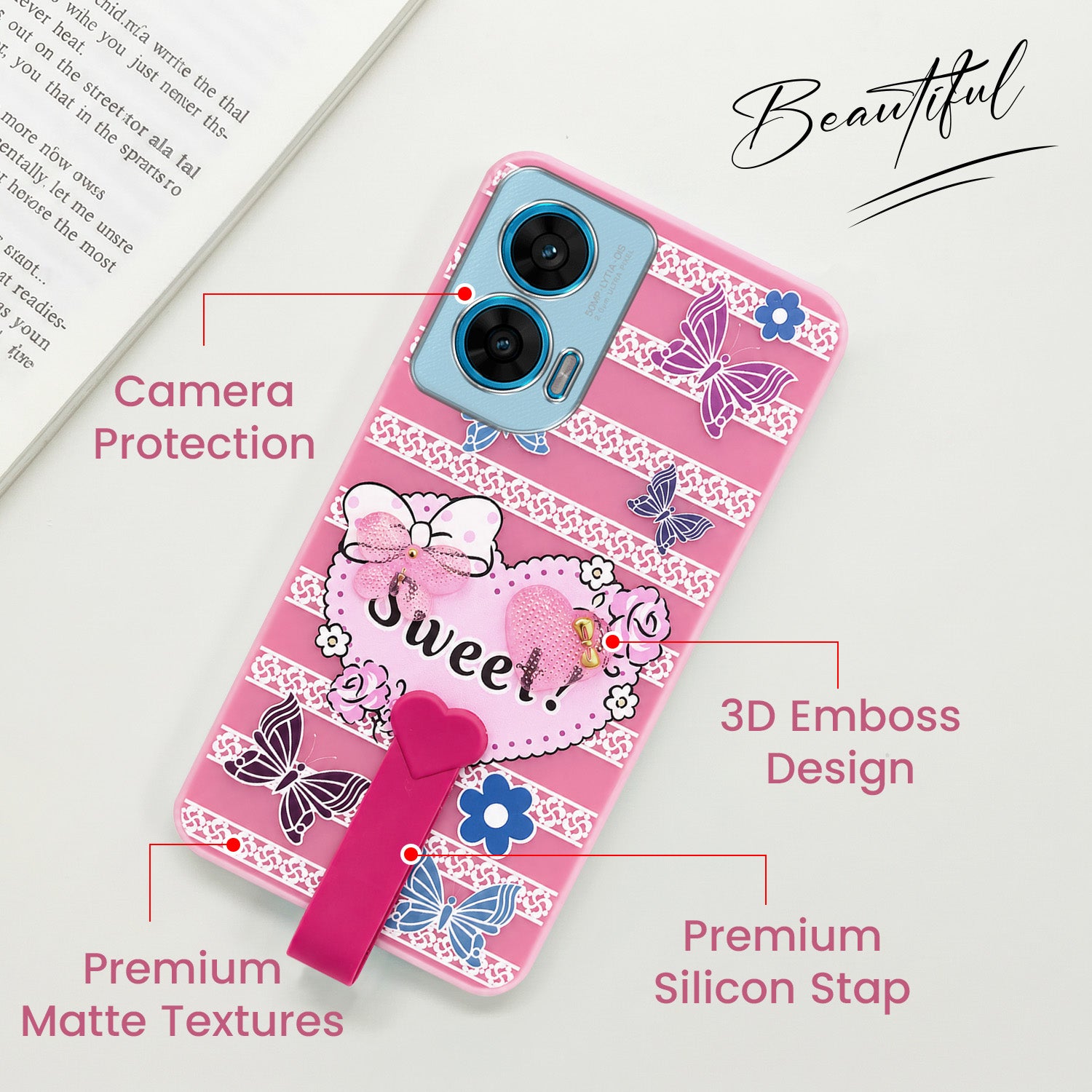 For Motorola Moto G96 Back Cover Case (3D Cute Heart Strap Holder | Camera Protection | Designer Girls Print)