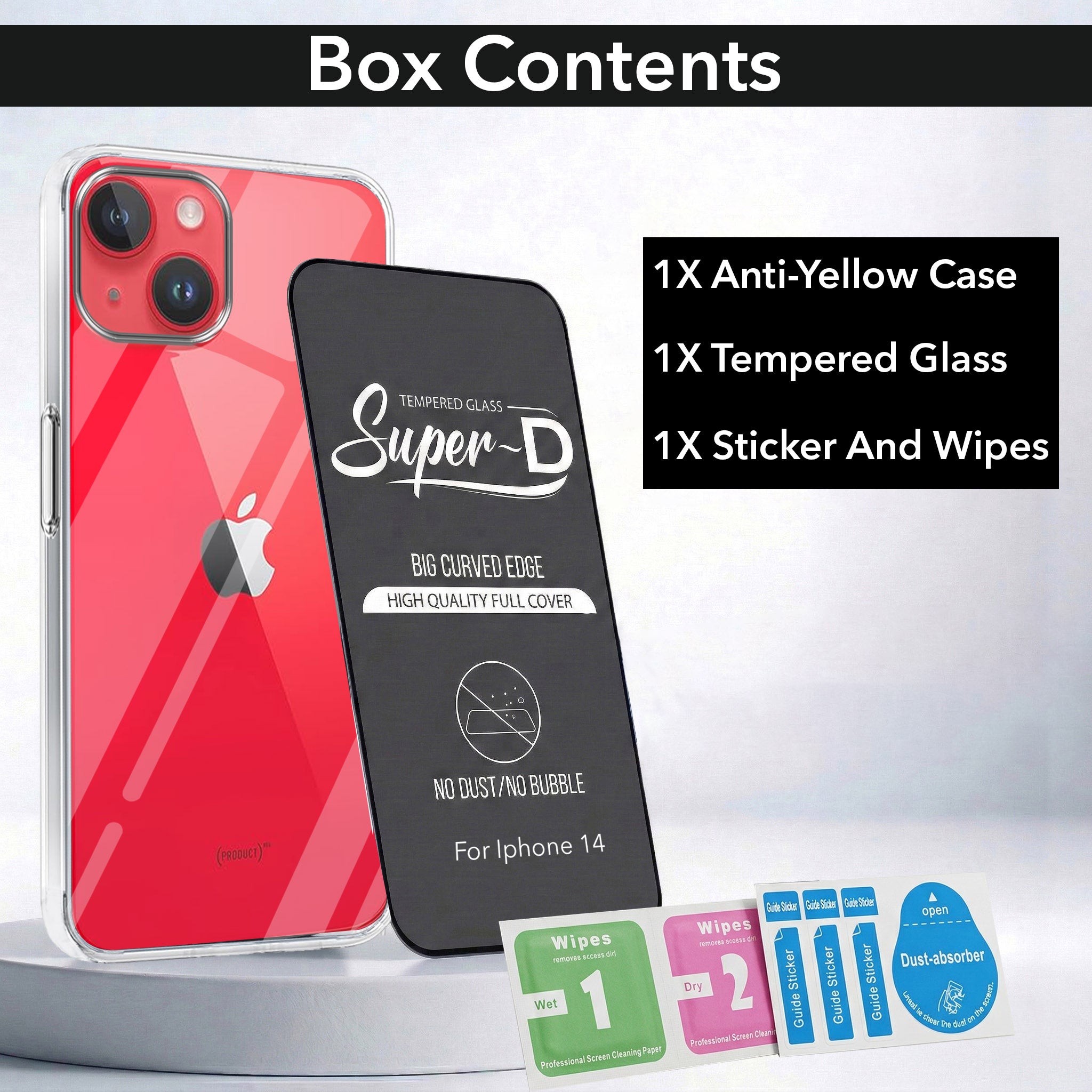 For Apple iPhone 14 Combo with Back Cover and 9H Tempered Glass (Lifetime Anti-Yellow | Sleek Hard Crystal | Oleophobic Coating Screen Glass)