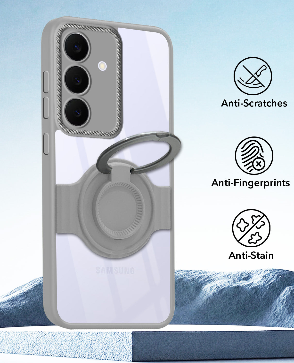 For Samsung Galaxy S25 FE Back Cover Case with stand (Built-in Ring Holder Kickstand | Lifetime Anti Yellow | Camera Protection)