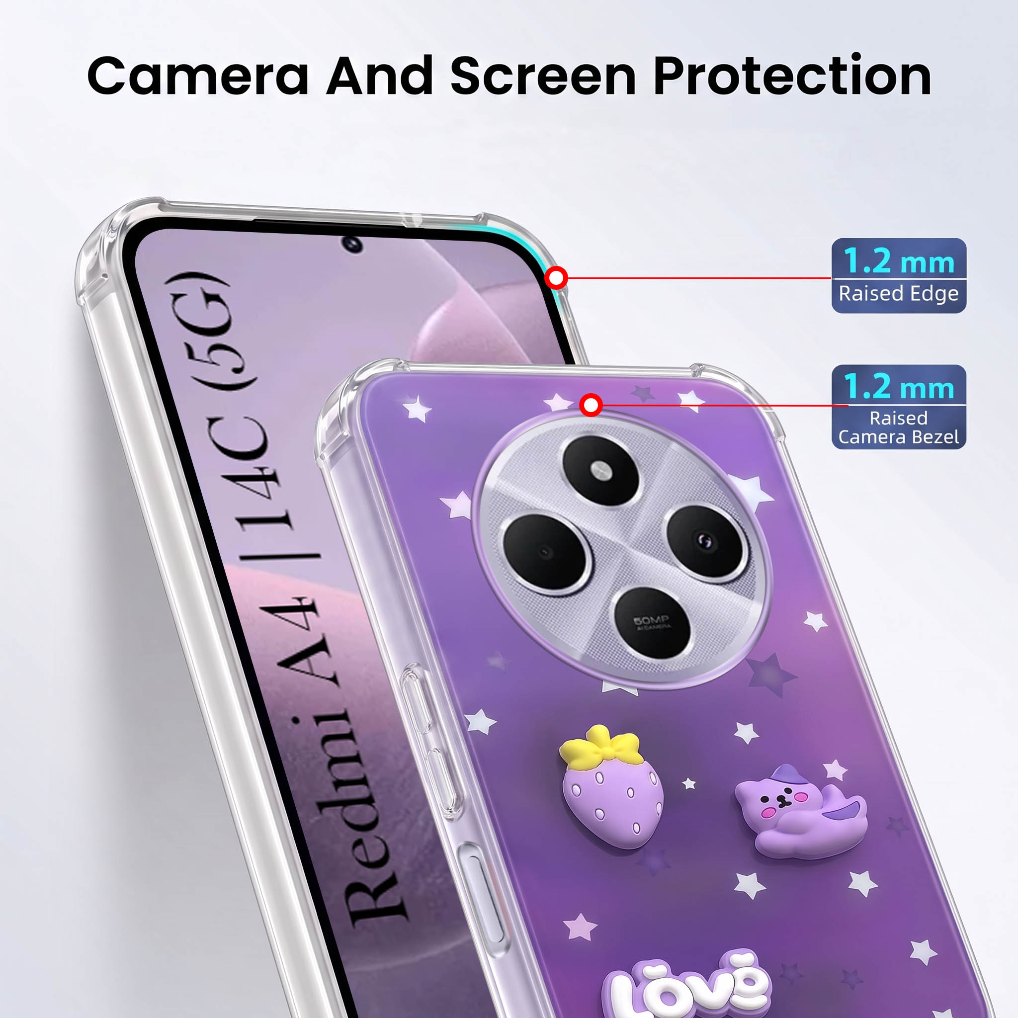 For Redmi A4 5G | Xiaomi Redmi 14C Back Cover Case (3D Cute Cartoons | Hard Back Side Soft | Matte Premium Finish | HD Printing)