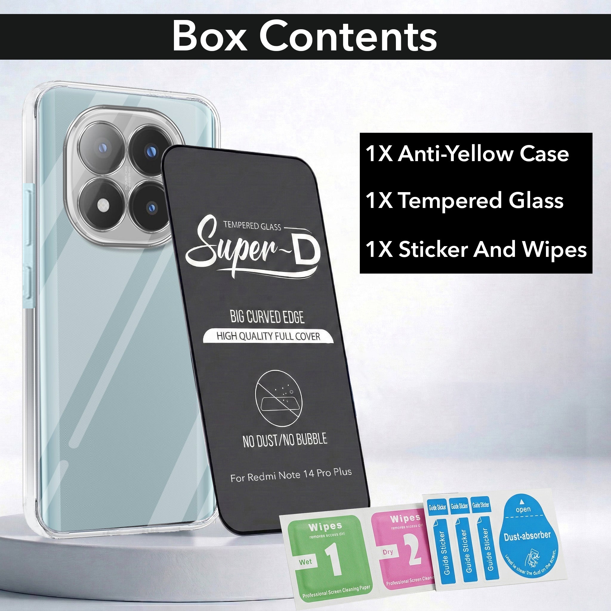 For Redmi Note 14 Pro Plus Combo with Back Cover and 9H Tempered Glass (Lifetime Anti-Yellow | Sleek Hard Crystal | Oleophobic Coating Screen Glass)