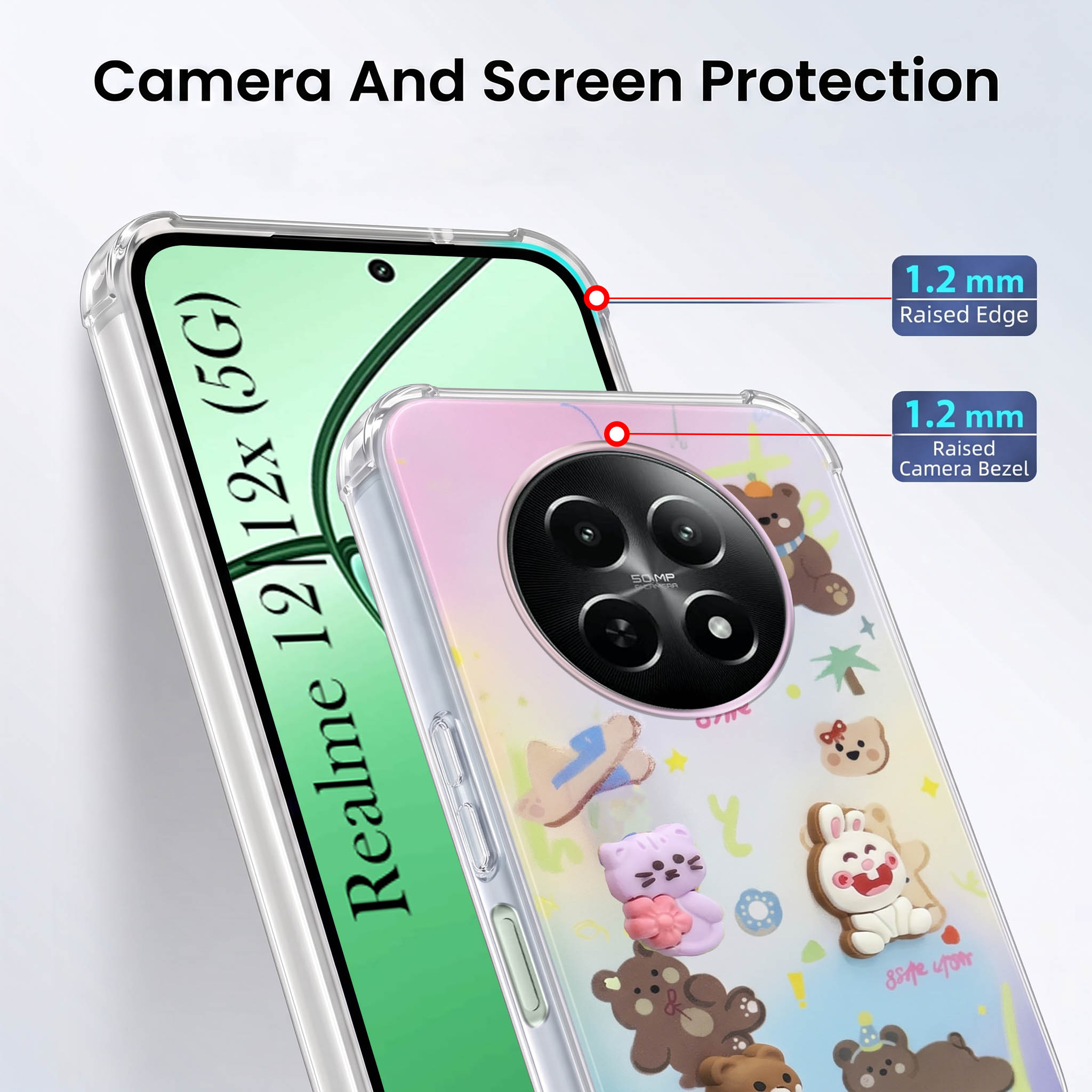 For Realme 12 | Realme 12X Back Cover Case (3D Cute Cartoons | Hard Back Side Soft | Matte Premium Finish | HD Printing)