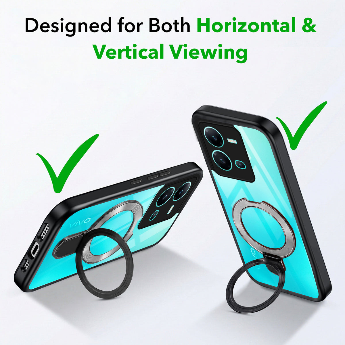 For Vivo V25 5G Back Cover Case (Kick Stand Ring Holder | Life time Anti Yellow | Camera Protection)