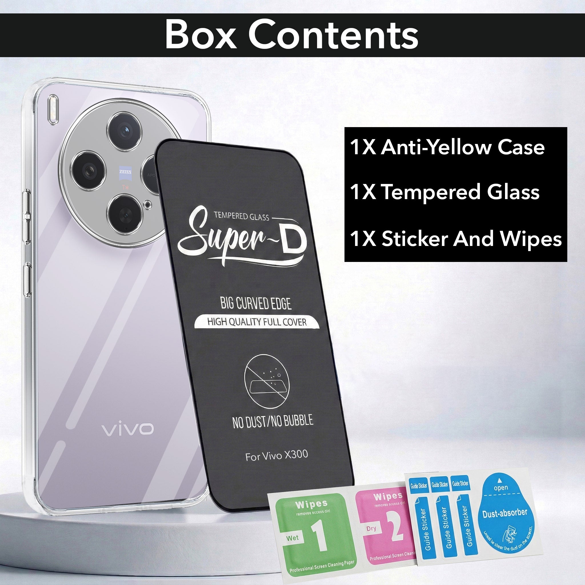 For Vivo X300 5G Combo with Back Cover and 9H Tempered Glass (Lifetime Anti-Yellow | Sleek Hard Crystal | Oleophobic Coating Screen Glass)