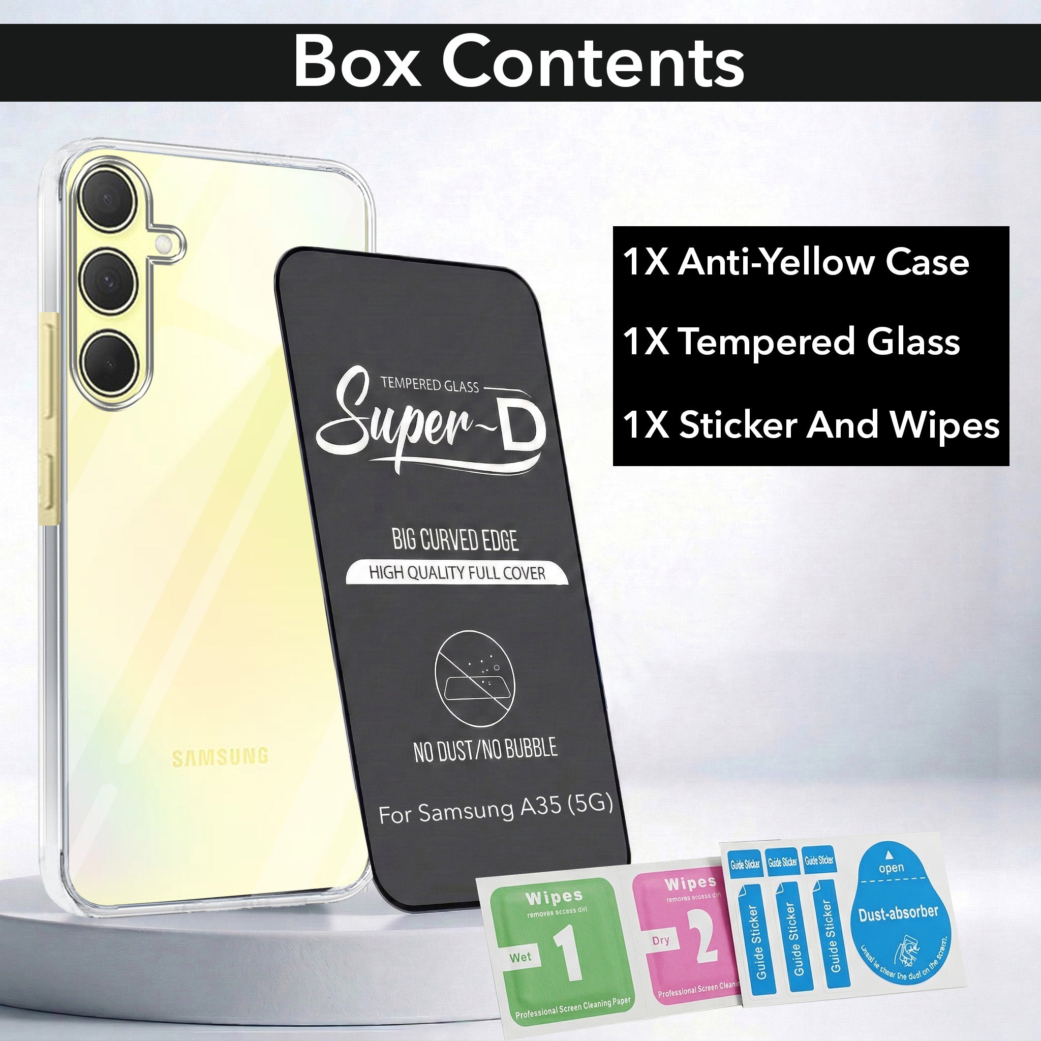 For Samsung Galaxy A35 5G Combo with Back Cover and 9H Tempered Glass (Lifetime Anti-Yellow | Sleek Hard Crystal | Oleophobic Coating Screen Glass)