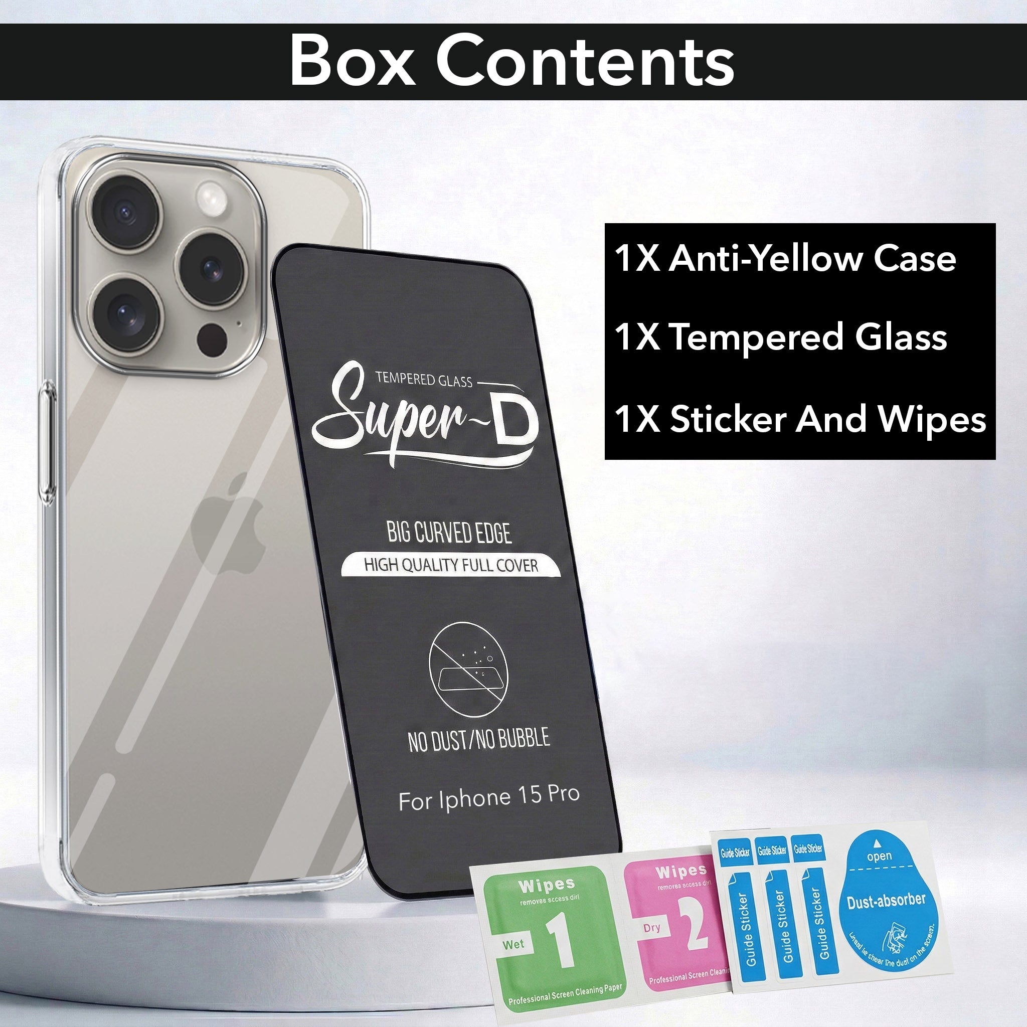 For Apple iPhone 15 Pro Combo with Back Cover and 9H Tempered Glass (Lifetime Anti-Yellow | Sleek Hard Crystal | Oleophobic Coating Screen Glass)