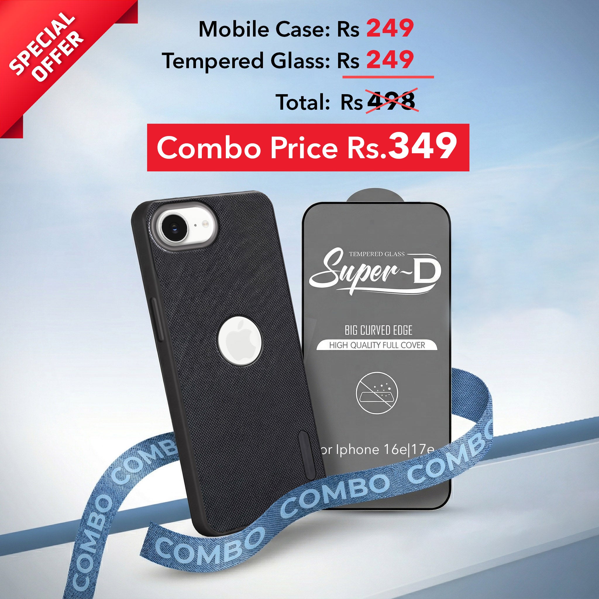 For Apple iPhone 16e | iPhone 17e Combo with Back Cover and 9H Tempered Glass (Textured Grip Design | Micro-Fiber Cloth Inside | Oleophobic Coating Screen Glass)