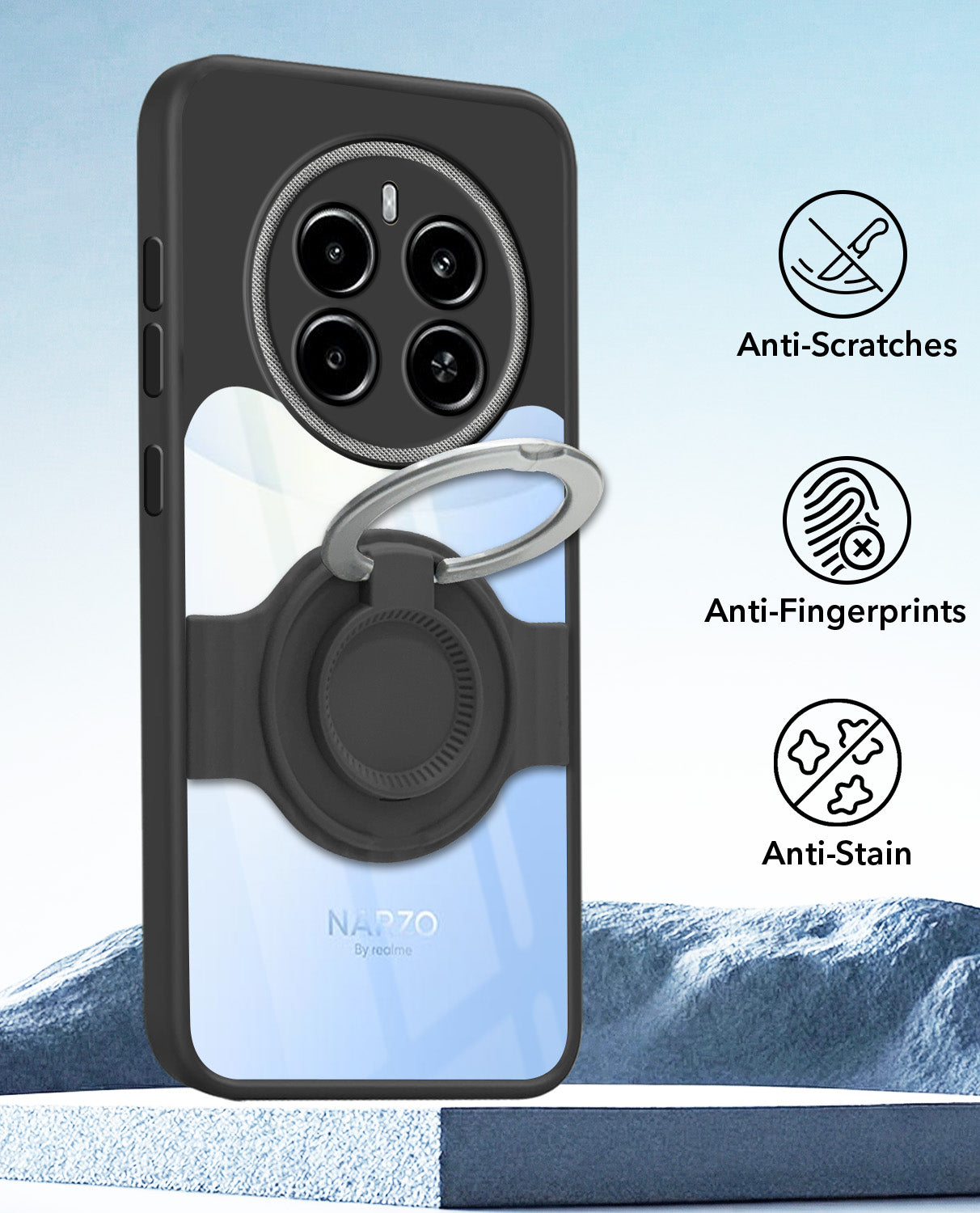 For Realme Narzo 70 5G Back Cover Case with stand (Built-in Ring Holder Kickstand | Lifetime Anti Yellow | Camera Protection)