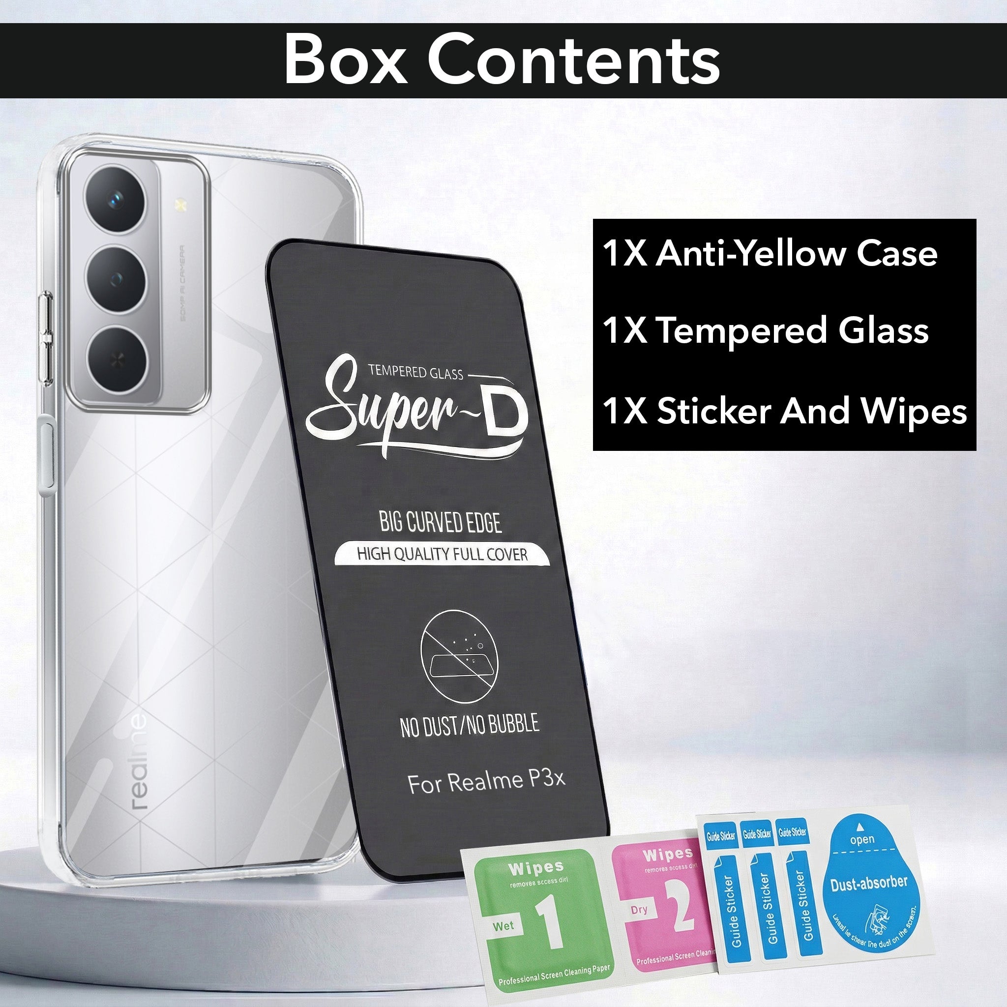 For Realme P3x Combo with Back Cover and 9H Tempered Glass (Lifetime Anti-Yellow | Sleek Hard Crystal | Oleophobic Coating Screen Glass)