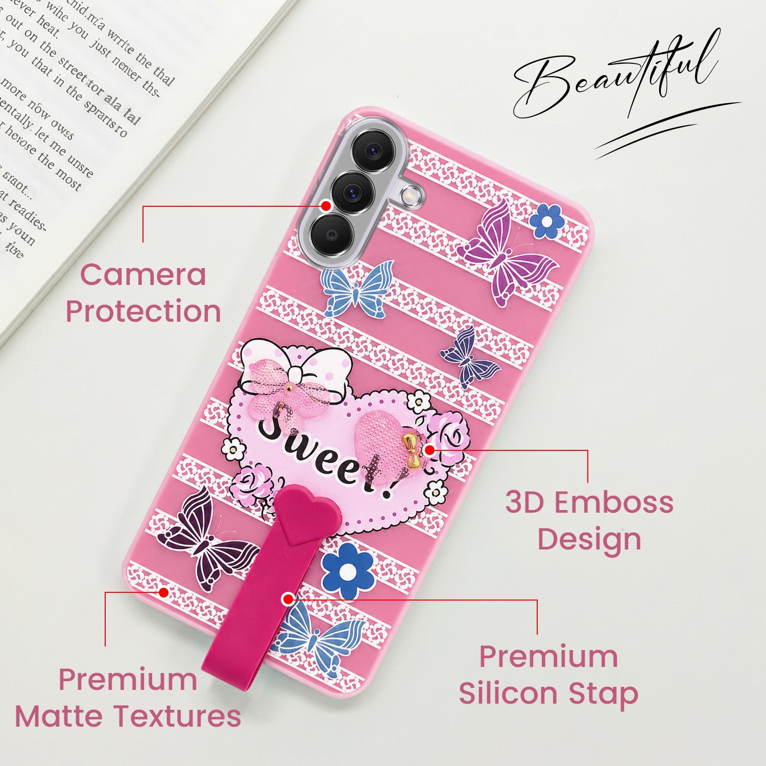 For Samsung Galaxy A37 5G Back Cover Case (3D Cute Heart Strap Holder | Camera Protection | Designer Girls Print)