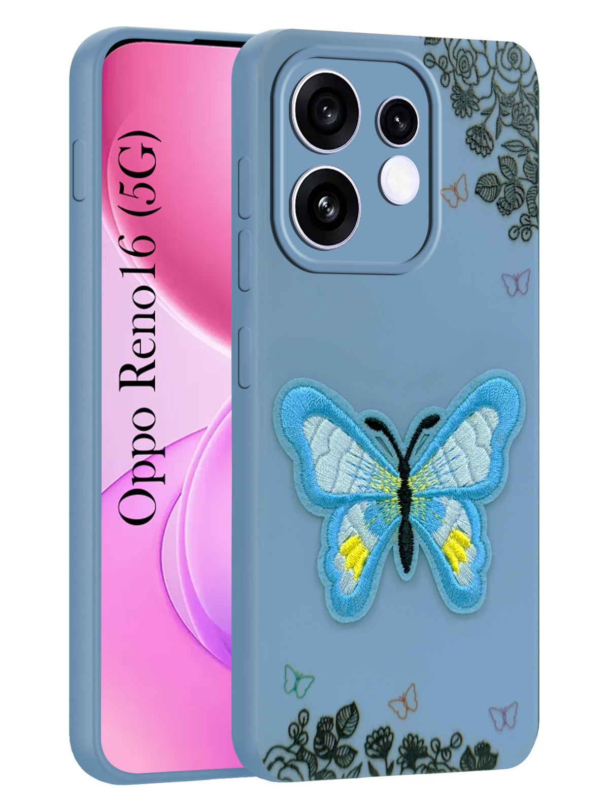 For Oppo Reno 16 Back Cover Case (Soft Butterfly Embroidery | Women Teen Girls | Camera Protection| Matte Silicone)