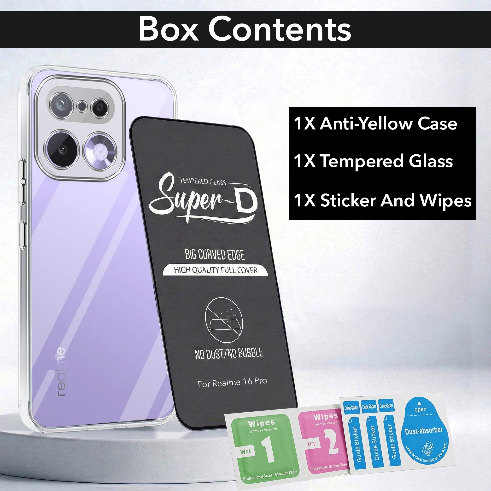 For Realme 16 Pro Combo with Back Cover and 9H Tempered Glass (Lifetime Anti-Yellow | Sleek Hard Crystal | Oleophobic Coating Screen Glass)