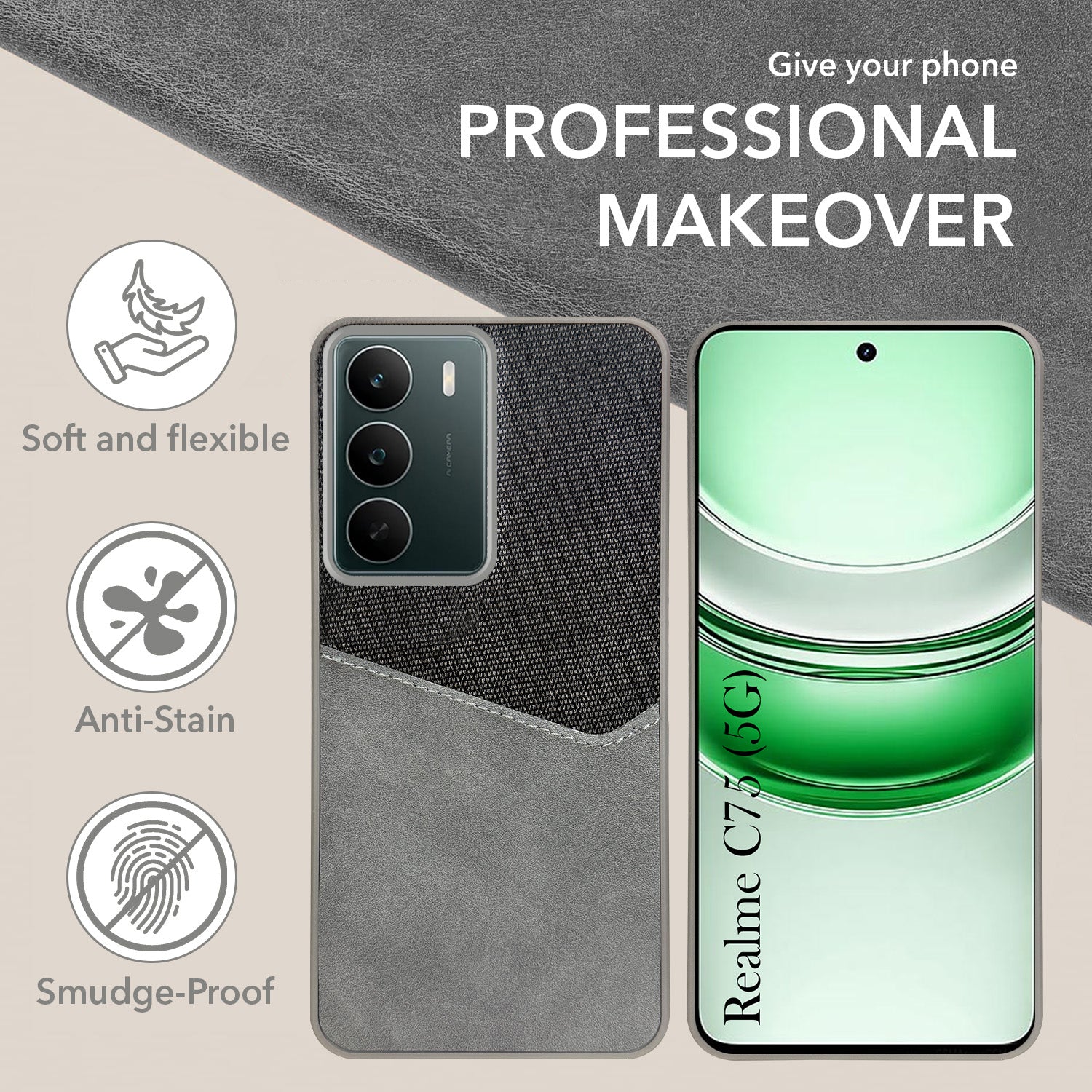 For Realme C75 5G Back Cover Case (Dual PU Leather Stitch | Professional Minimalist | Soft and Flexible)