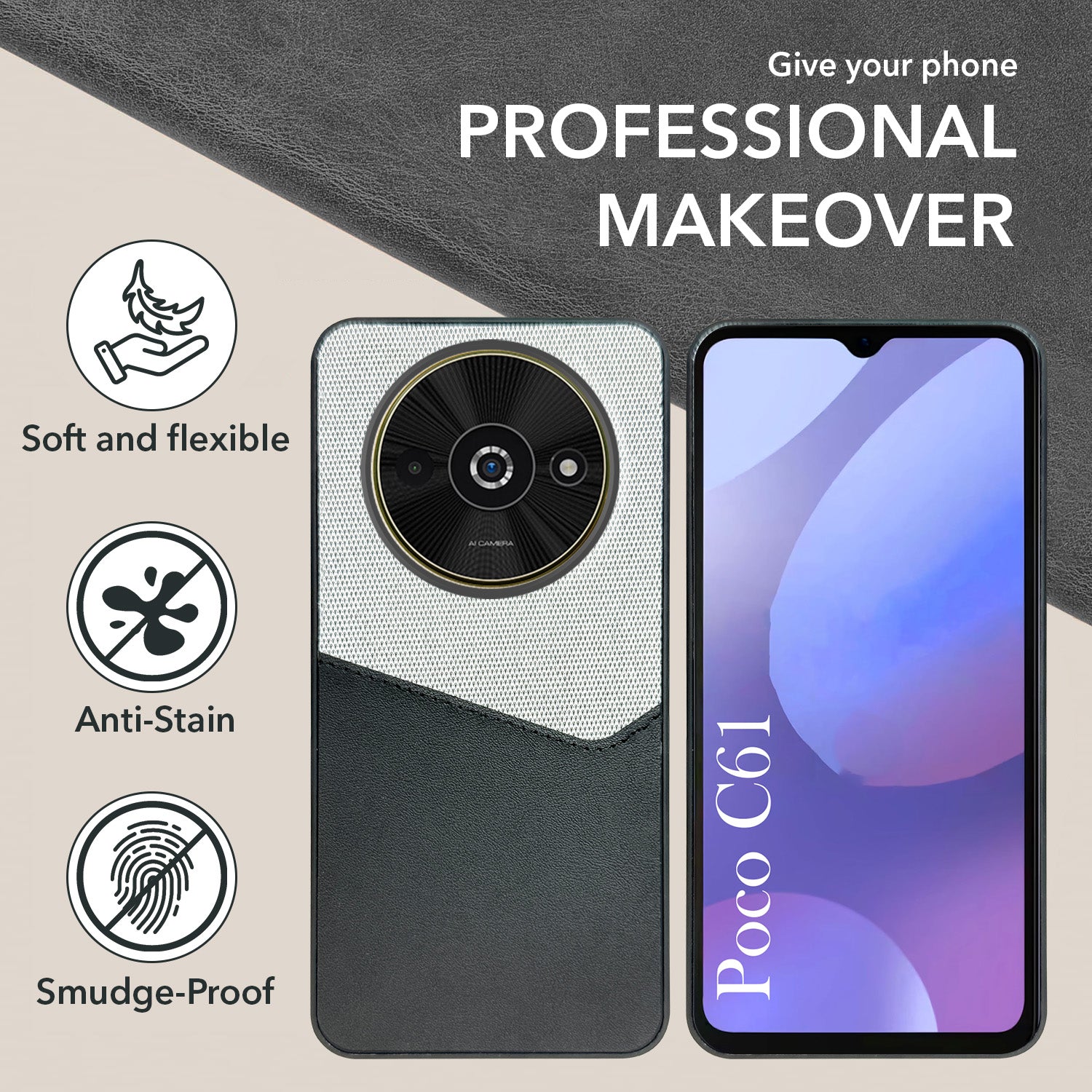 For Xiaomi Poco C61 Back Cover Case (Dual PU Leather Stitch | Professional Minimalist | Soft and Flexible)
