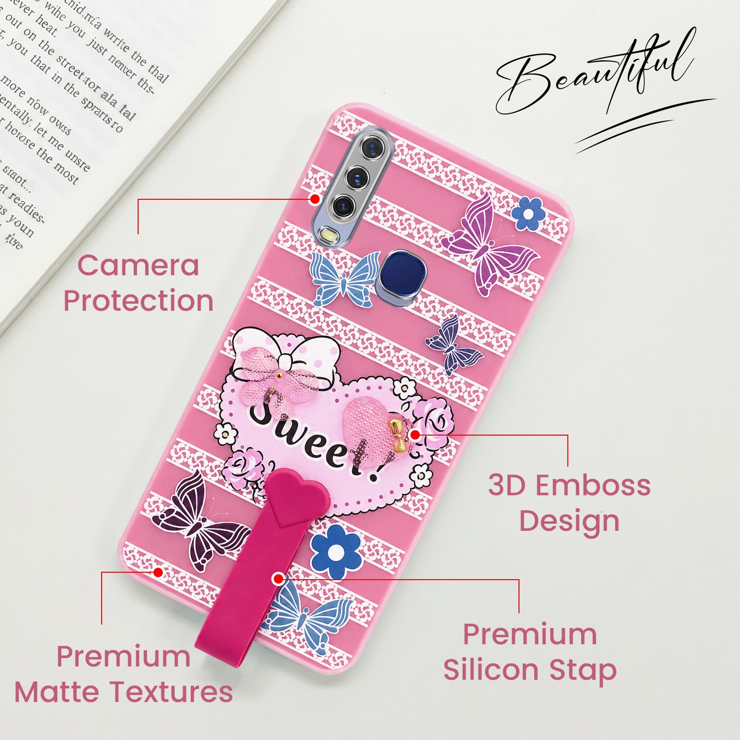 For Vivo Y12 | Y15 | Y17 Back Cover Case (3D Cute Heart Strap Holder | Camera Protection | Designer Girls Print)