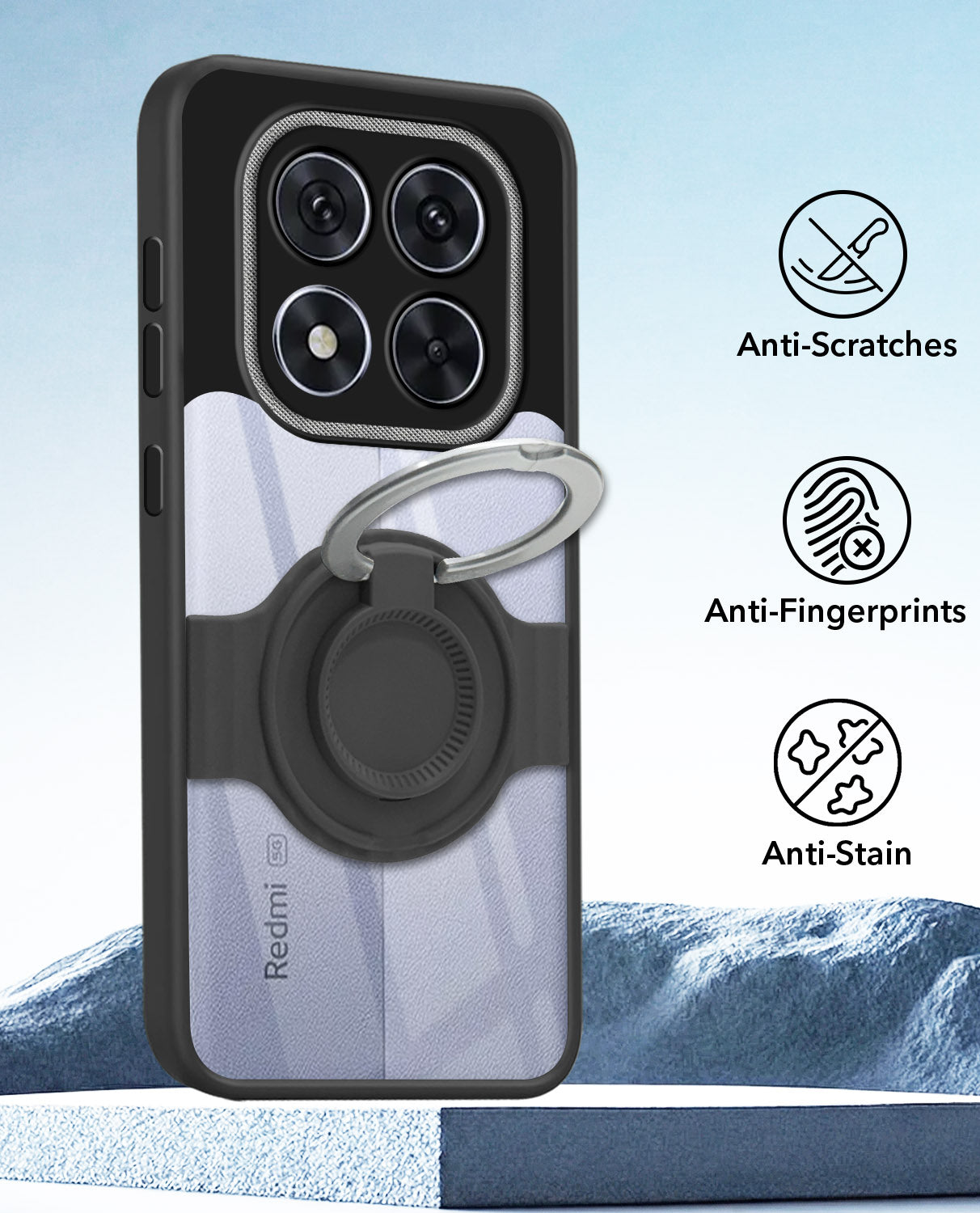 For Redmi Note 14 Pro Back Cover Case with stand (Built-in Ring Holder Kickstand | Lifetime Anti Yellow | Camera Protection)