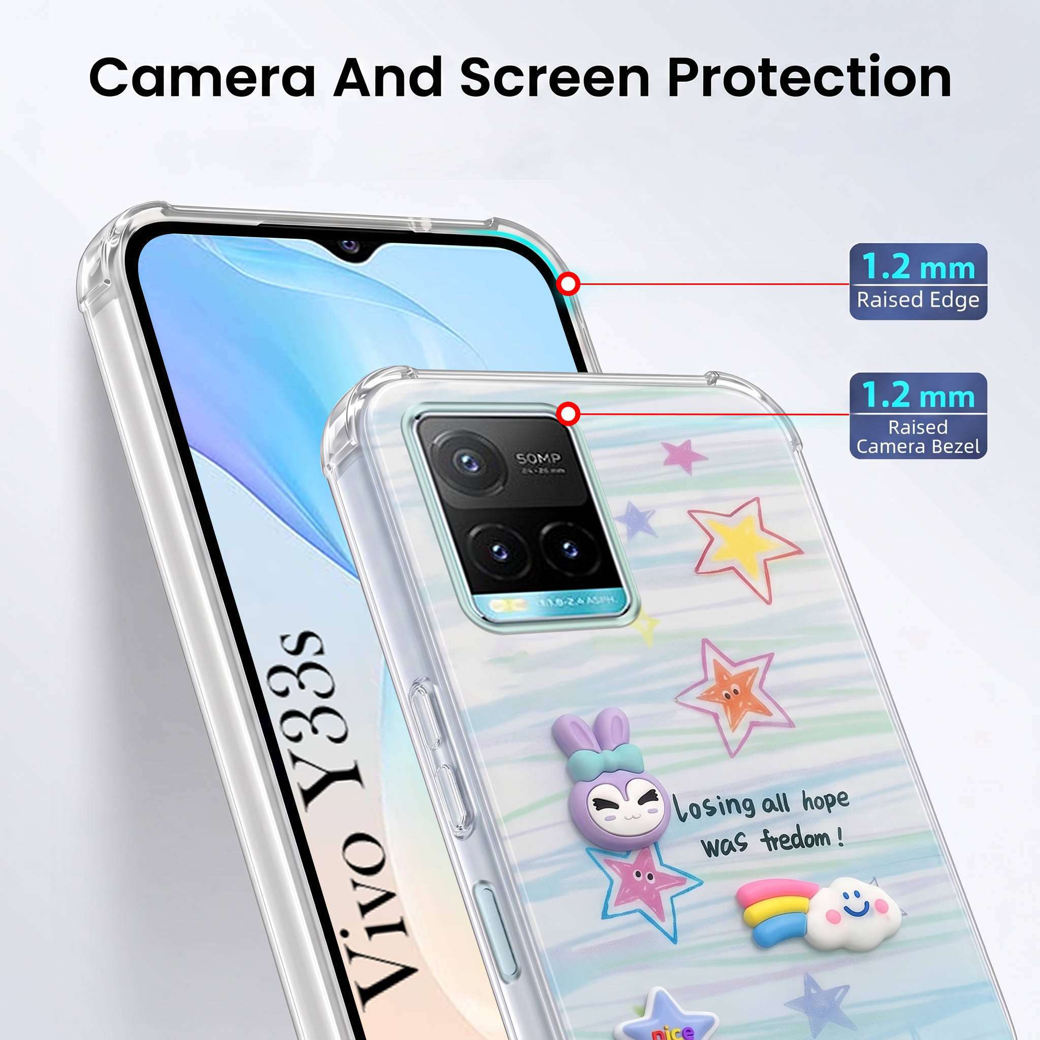 For Vivo Y33s Back Cover Case (3D Cute Cartoons | Hard Back Side Soft | Matte Premium Finish | HD Printing)
