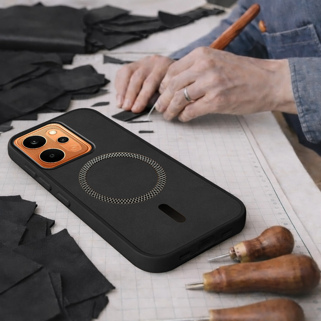 For Realme P4 Power 5G | Realme Narzo Power Back Cover Case Leather Finish (MagSafe Compatible Wireless Charging | Soft Touch | Camera Bump Protection)