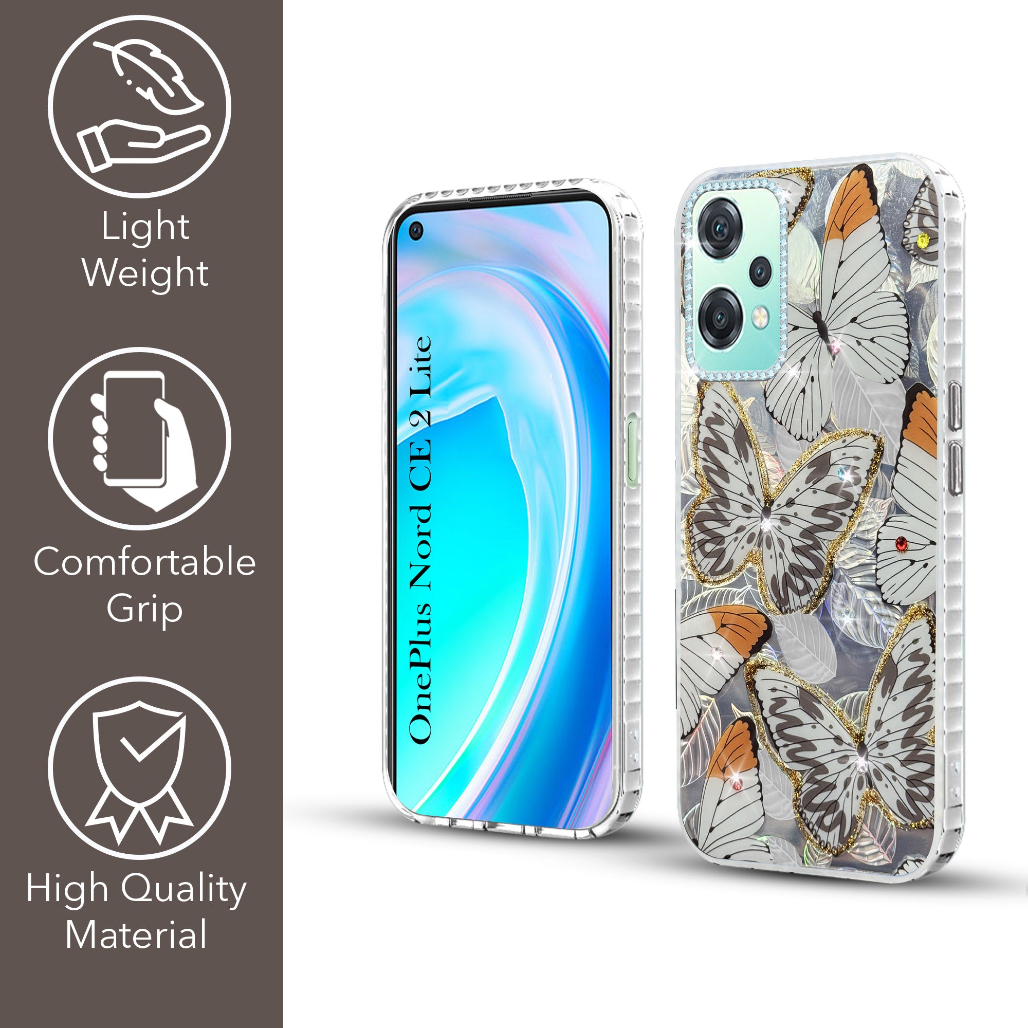 For OnePlus Nord CE 2 Lite Back Cover Case (Luxury Floral Glitter Cute Butterfly | Diamond Studded Camera Bump | Girls & Women Design)