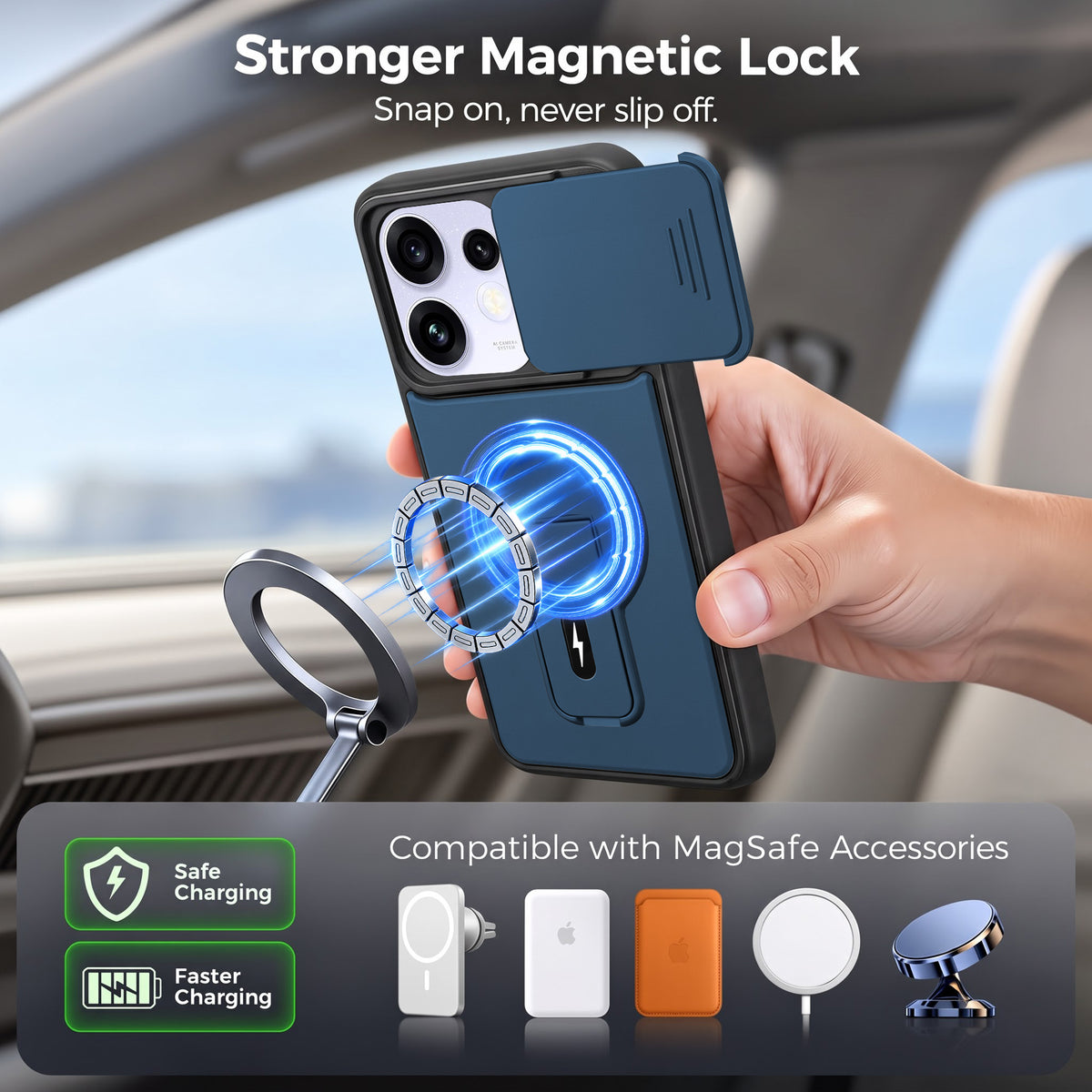For Oppo Reno 16 Power Back Case Cover Metallic (Hybrid Armor Kickstand | Sliding Shutter Camera Protection | MagSafe Compatible)