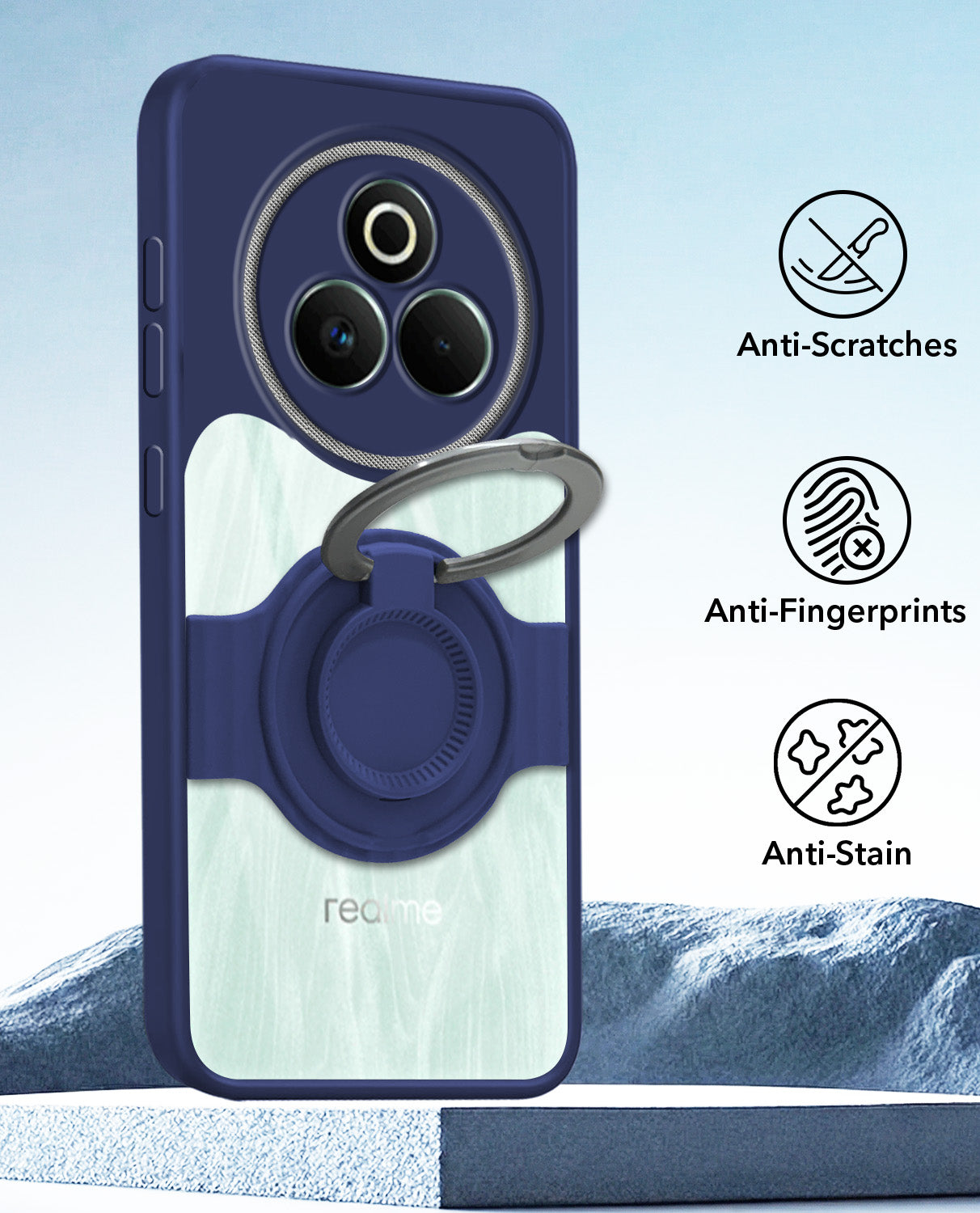 For Realme P3 Pro Back Cover Case with stand (Built-in Ring Holder Kickstand | Lifetime Anti Yellow | Camera Protection)