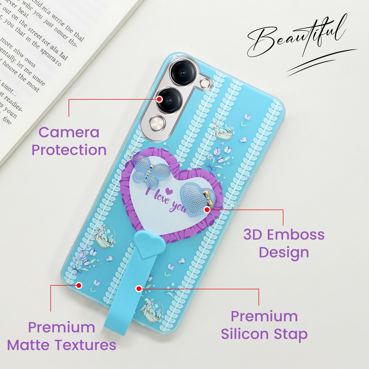 For Vivo Y19 | Vivo Y19e | Vivo T4 Lite Back Cover Case (3D Cute Heart Strap Holder | Camera Protection | Designer Girls Print)