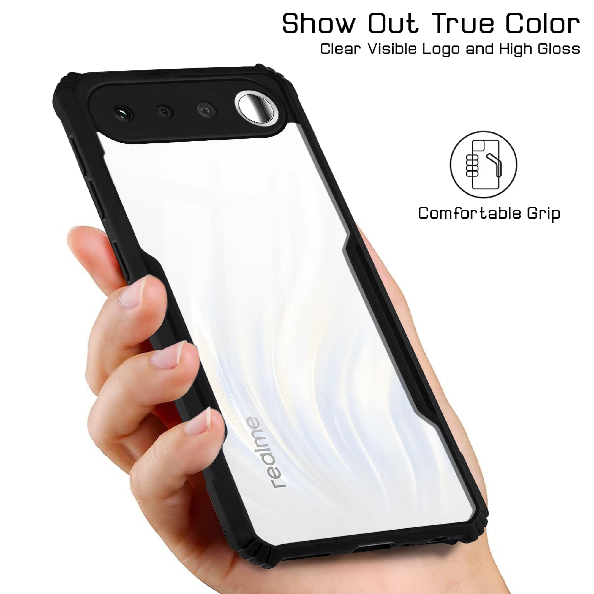For Realme 16 Back Cover Case Hybrid (Shockproof with Polycarbonate Clear Panel | Professional Black)