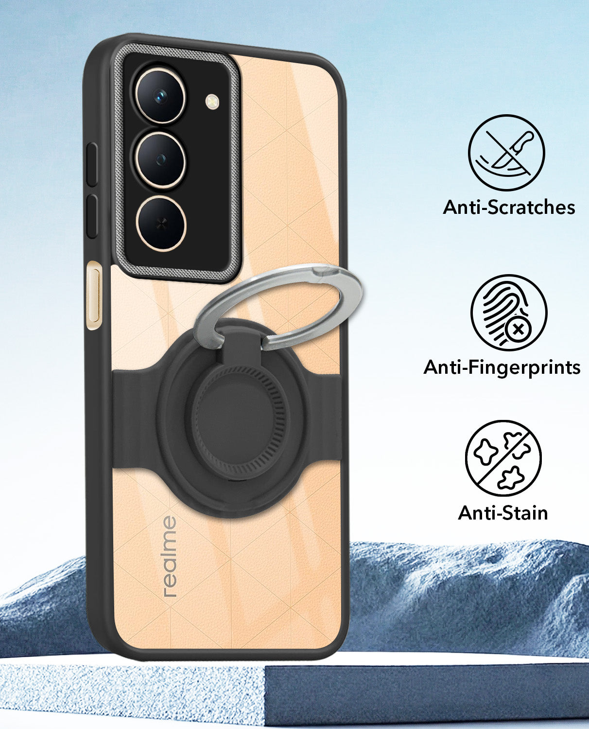For Realme P3x Back Cover Case with stand (Built-in Ring Holder Kickstand | Lifetime Anti Yellow | Camera Protection)