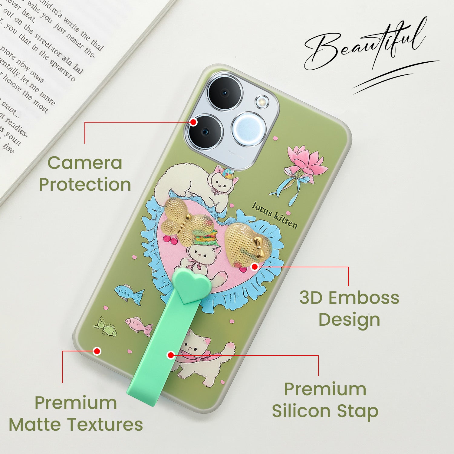 For Realme C71 Back Cover Case (3D Cute Heart Strap Holder | Camera Protection | Designer Girls Print)