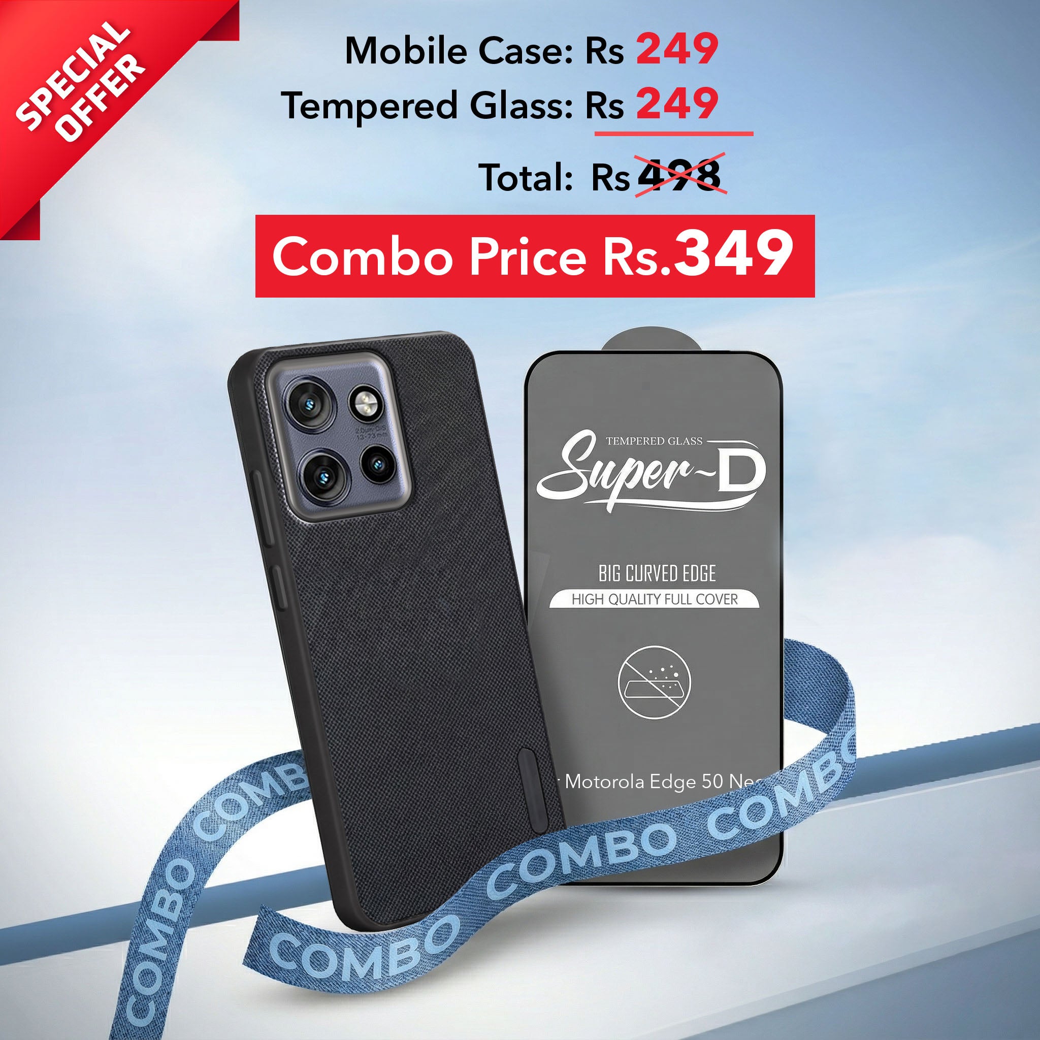 For Motorola Moto Edge 50 Neo Combo with Back Cover and 9H Tempered Glass (Textured Grip Design | Micro-Fiber Cloth Inside | Oleophobic Coating Screen Glass)