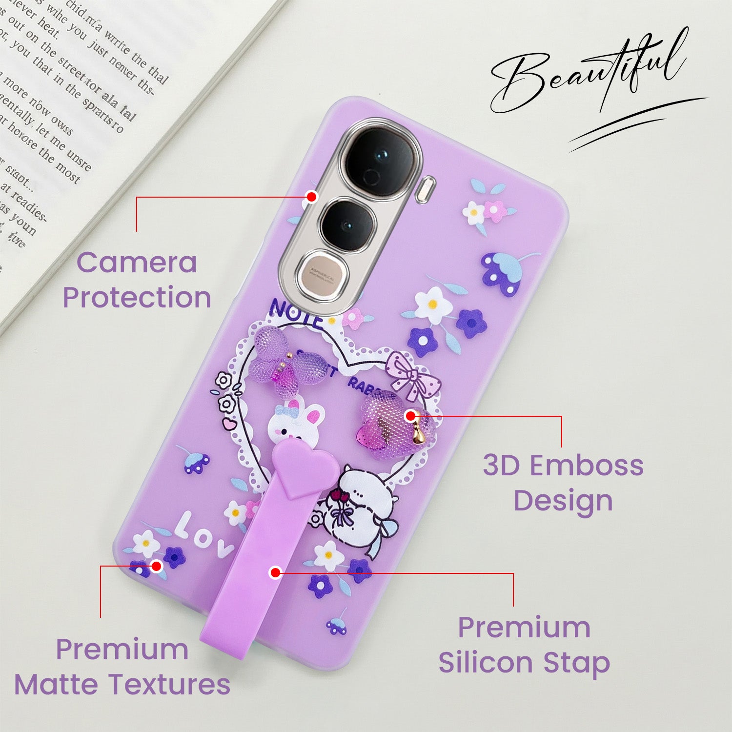 For Vivo Y400 Pro Back Cover Case (3D Cute Heart Strap Holder | Camera Protection | Designer Girls Print)