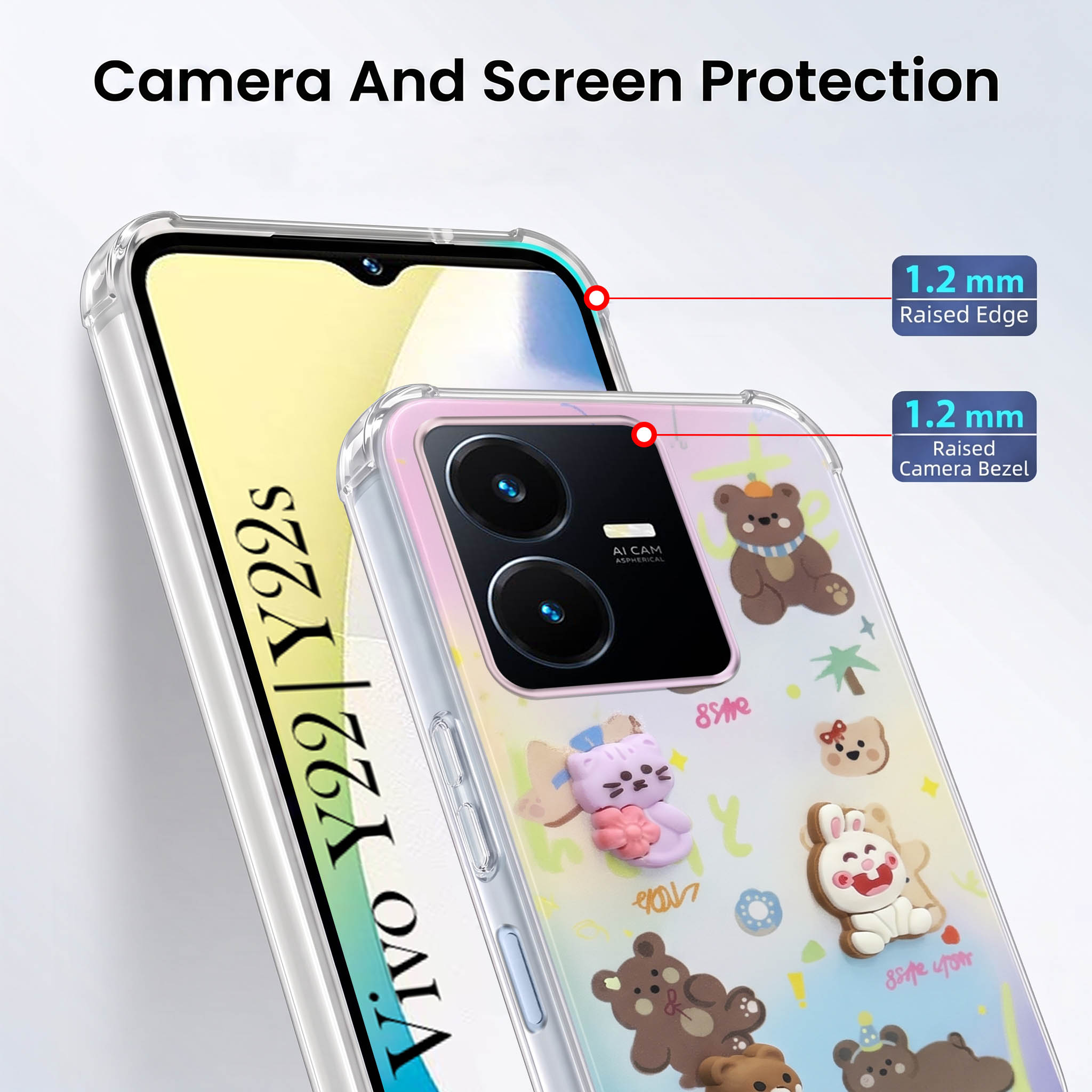 For Vivo Y22 | Vivo Y22s Back Cover Case (3D Cute Cartoons | Hard Back Side Soft | Matte Premium Finish | HD Printing)