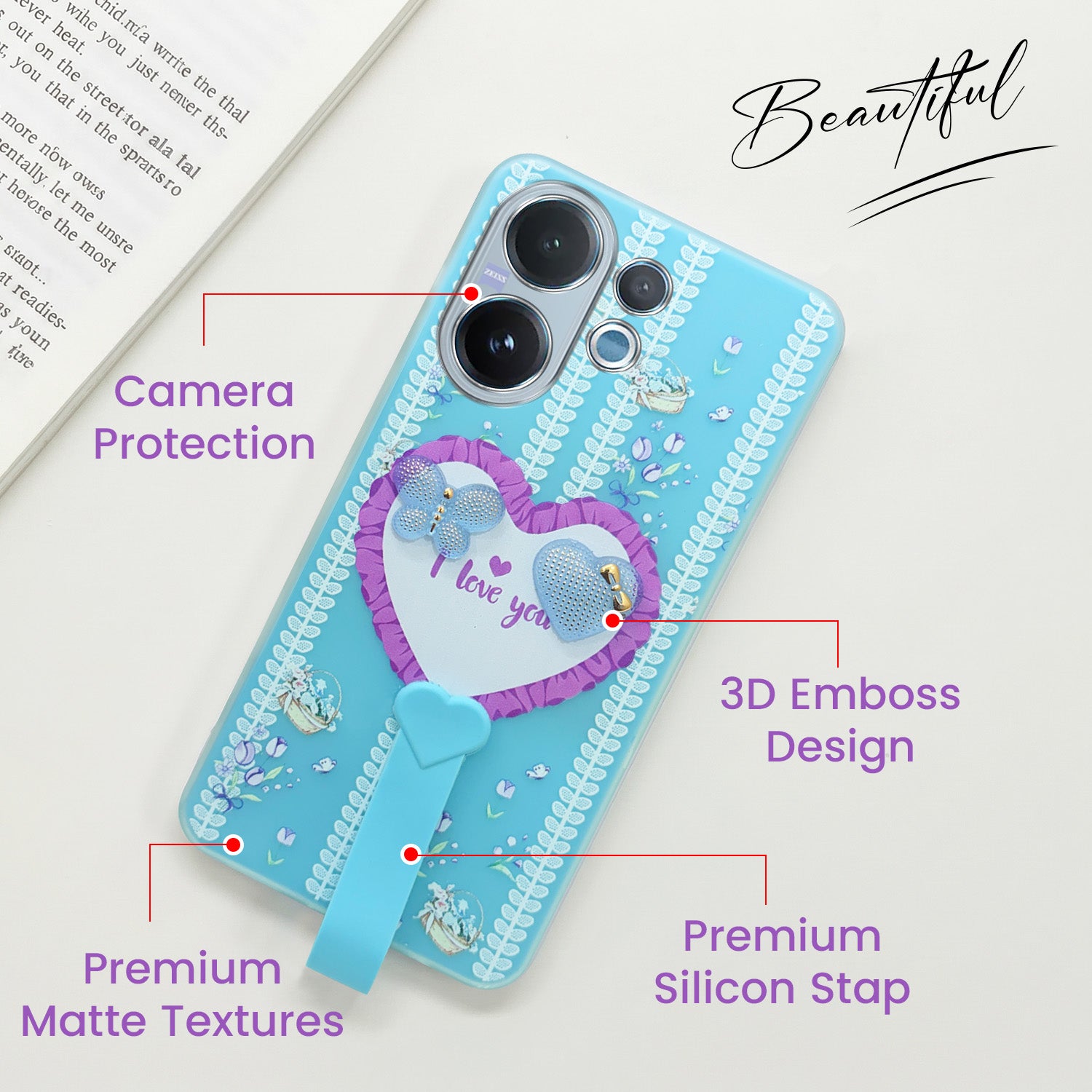For Vivo V60 | Vivo T4 Pro Back Cover Case (3D Cute Heart Strap Holder | Camera Protection | Designer Girls Print)